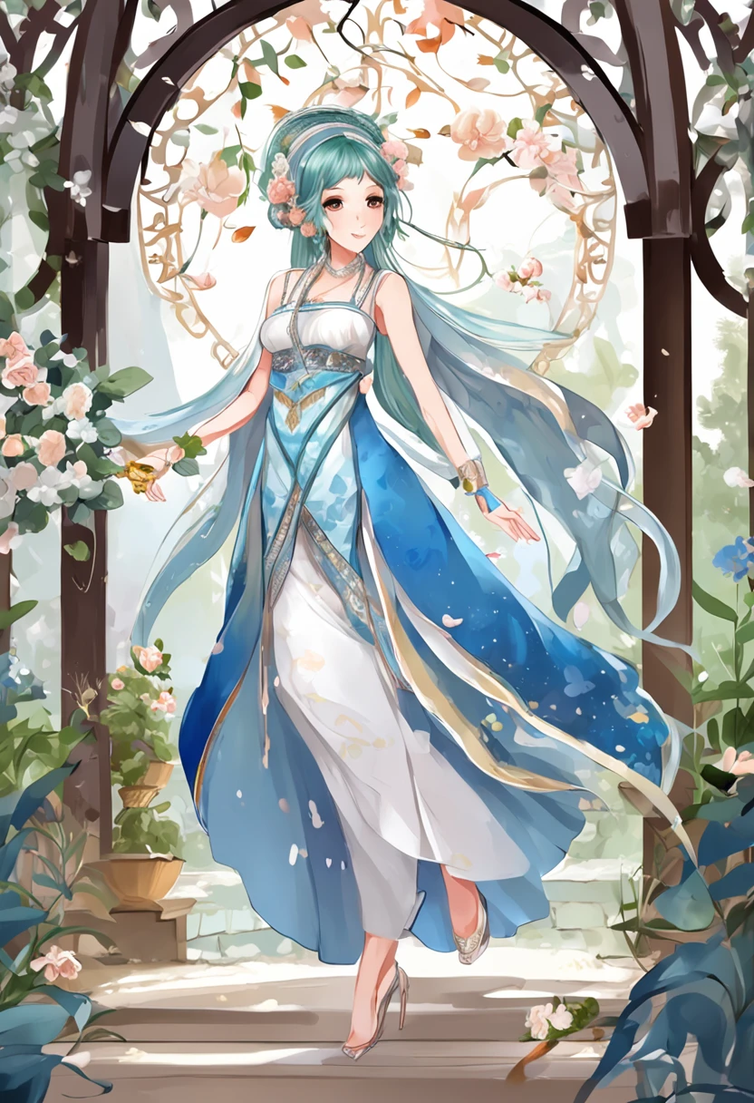 （in a panoramic view，Whole body diagram：1.5），（1 delicate girl playing on the swing），（Vine swing，Anime girl with blue hair and white dress with flower crown，palaces，hanfugirl），（Guviz-style artwork，Guvitz，inspired by Leng Mei，A beautiful fantasy queen，Inspired by Lee Mei Shu，Popular on CGstation，Inspired by Ai Xuan，Blue and white Hanfu，High heels，a beautiful fantasy empress：1.5），（A flowing dress，conservative girl，cloud goddess，Flowing blue and white patterned fabric，wearing flowing dress，Realistic）， (Wind: 1.5)，(full bodyesbian:1.5)，（senior color matching，gradient backgrounds，white backgrounid）