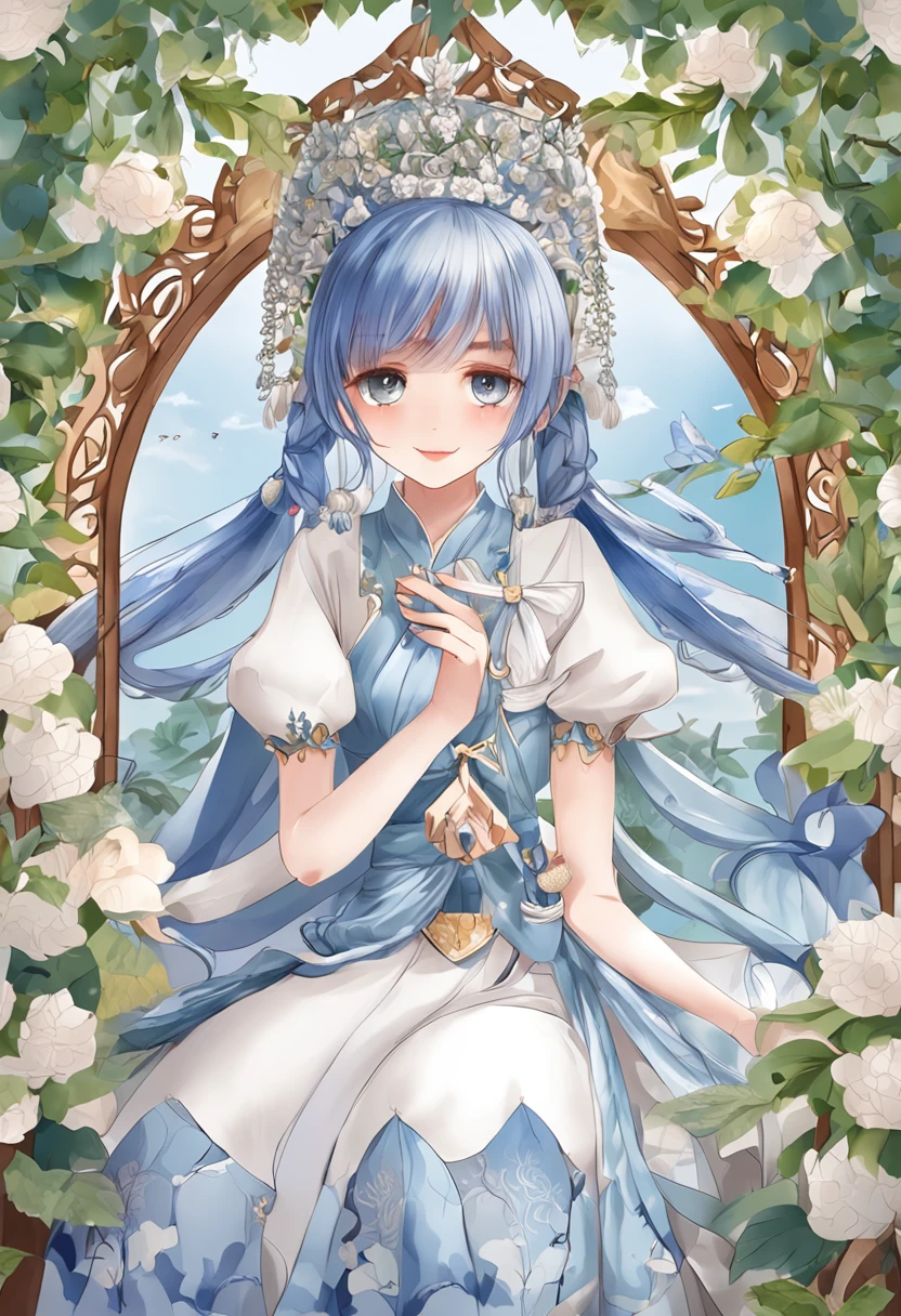 （in a panoramic view，Whole body diagram：1.5），（1 delicate girl playing on the swing），（Vine swing，Anime girl with blue hair and white dress with flower crown，palaces，hanfugirl），（Guviz-style artwork，Guvitz，inspired by Leng Mei，A beautiful fantasy queen，Inspired by Lee Mei Shu，Popular on CGstation，Inspired by Ai Xuan，Blue and white Hanfu，High heels，a beautiful fantasy empress：1.5），（A flowing dress，conservative girl，cloud goddess，Flowing blue and white patterned fabric，wearing flowing dress，Realistic）， (Wind: 1.5)，(full bodyesbian:1.5)，（senior color matching，gradient backgrounds，white backgrounid）