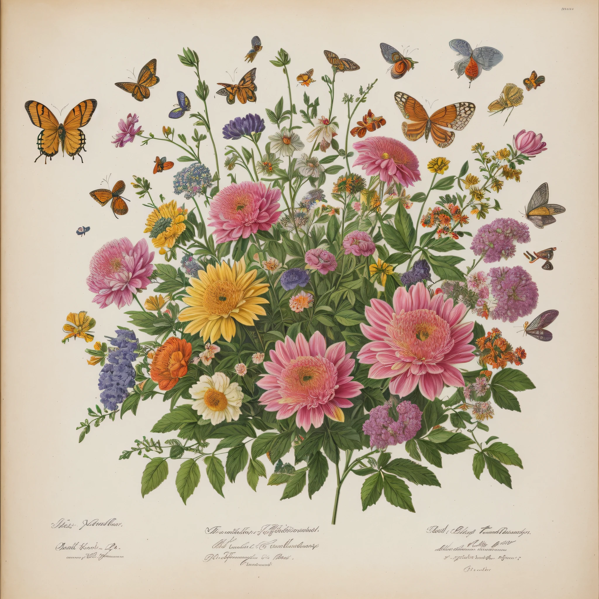 (beste-Qualit: 1.2), (Detailed: 1.2), (tmasterpiece: 1.2), Vintage botanical illustrations of butterflies and bees, ((Bouquet of geocinta)) (1770-1775) in high resolution by John Edwards