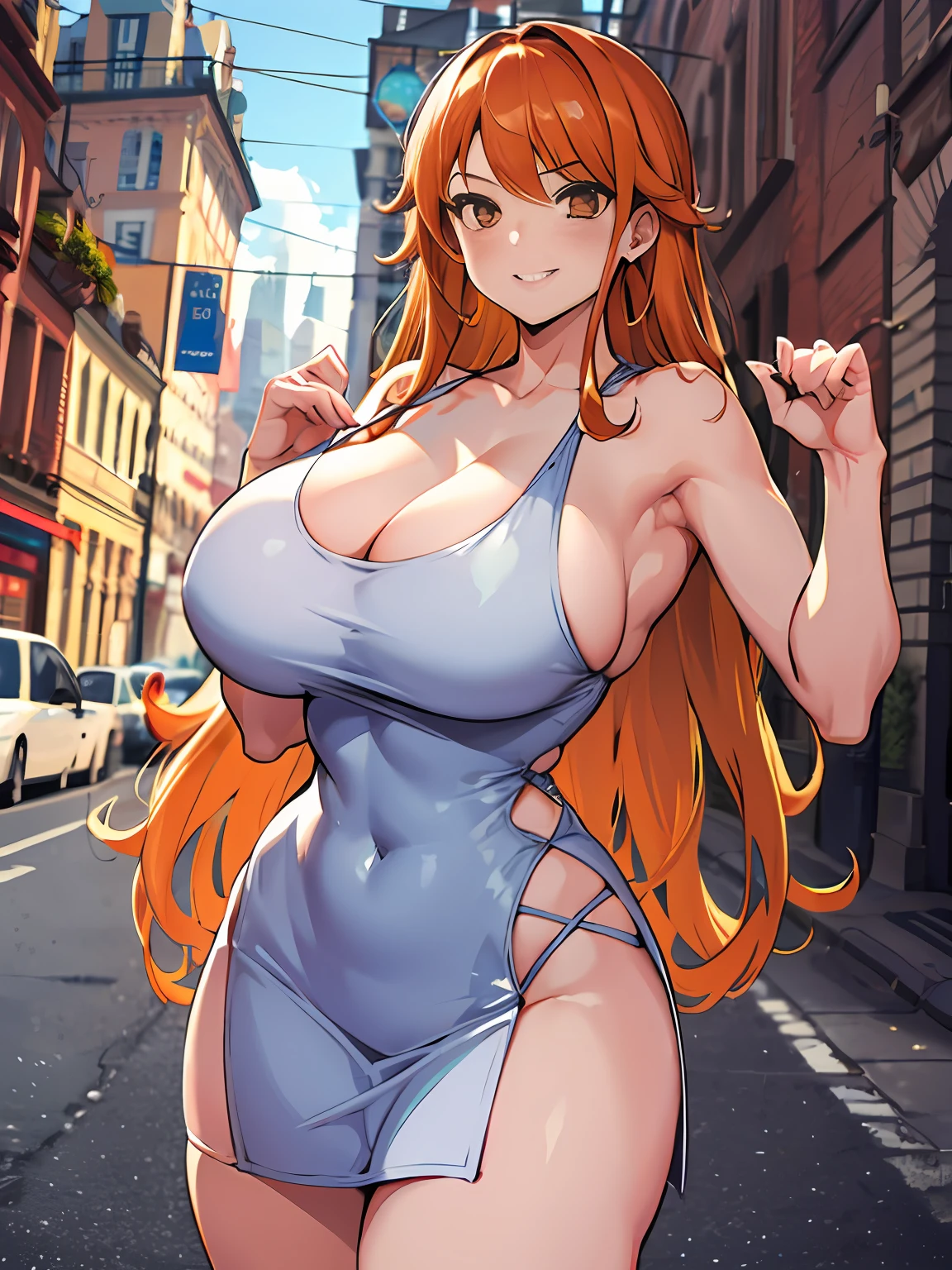Cocktail dress, curvy athletic body, orange hair, brown eyes, body tight dress
