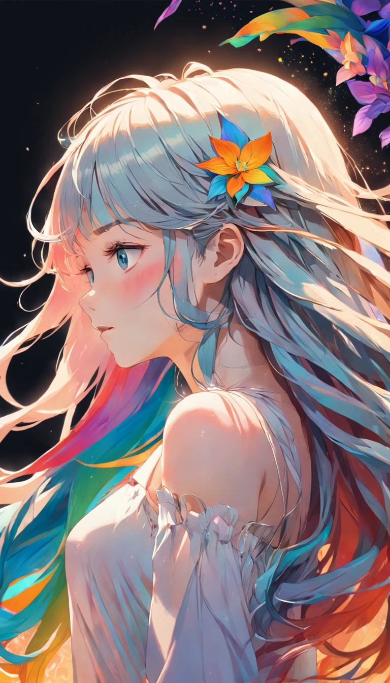 (Beauty side face,Long colored hair,closing her eyes,Masterpiece Narcissus),with rainbow colored background, (illustration:1.2,paper art:1.2, zentangle, a 3D render),(Best quality, high detal, masutepiece, Cinematic lighting, 4K, Chiaroscuro)