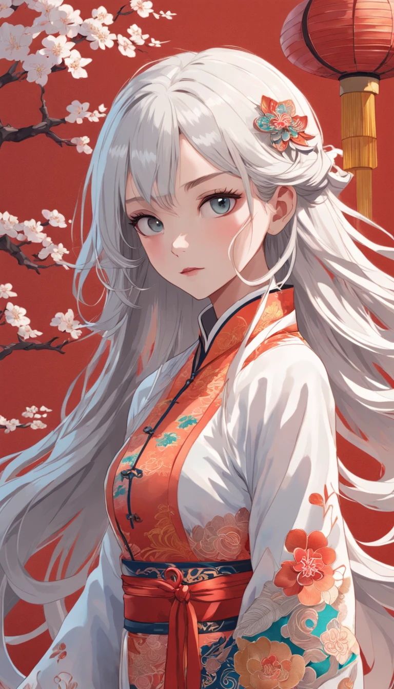 Royal Sister,Cold and glamorous,Raised sexy,on cheongsam,Embroidery,(1girll,White color hair,closeup cleavage, colorfull long hair, Oriental elements),(Super refined,Chinese illustration:1.3,paper art:1.3, Quilted paper art:1.2),( reasonable design, Clear lines, High sharpness,Best quality, Very detailed, Masterpiece, movie light effect, 4K )