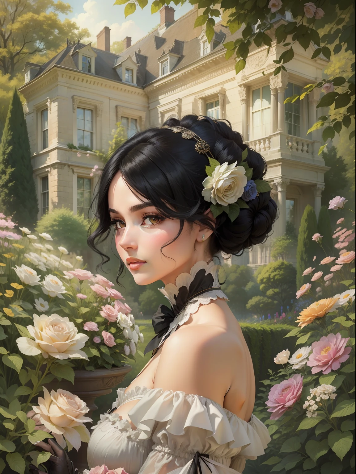 Beautiful lady with black hair. Set against the backdrop of an opulent mansion and a flourishing English garden, It symbolizes the elegance and privilege of the Victorian upper class.