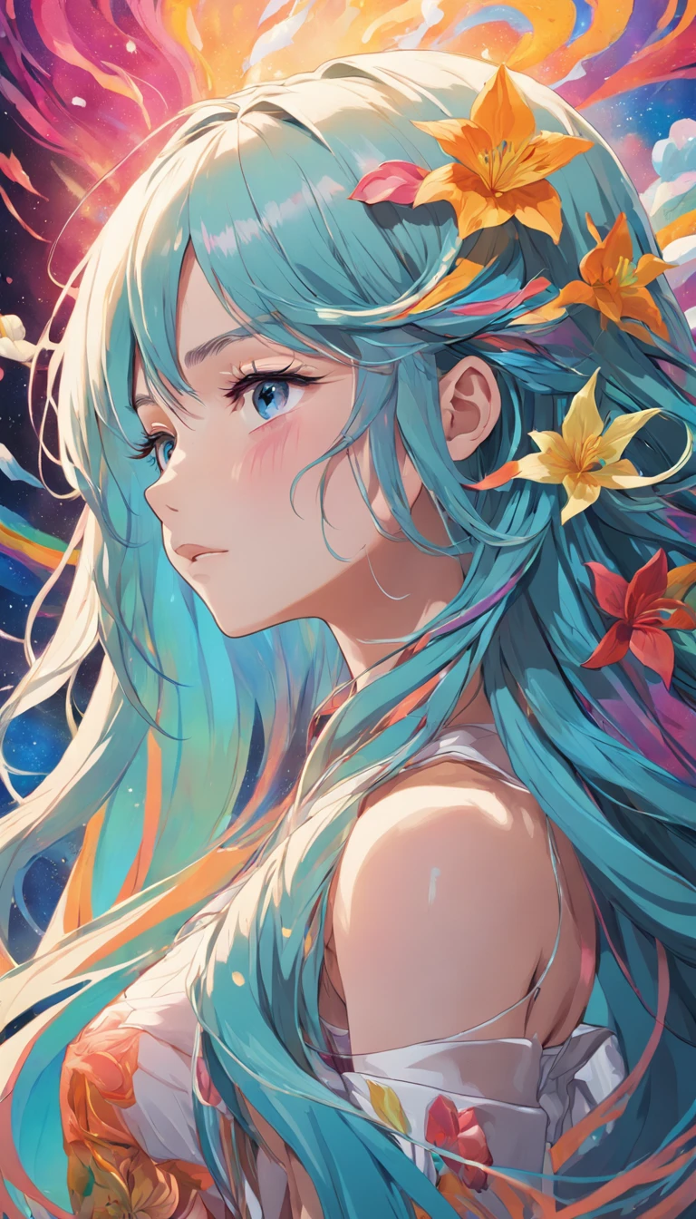 (Beauty side face,Long colored hair,closing her eyes,Masterpiece Narcissus),with rainbow colored background, (illustration:1.2,paper art:1.2, zentangle, a 3D render),(Best quality, high detal, Masterpiece, Cinematic lighting, 4K, Chiaroscuro)