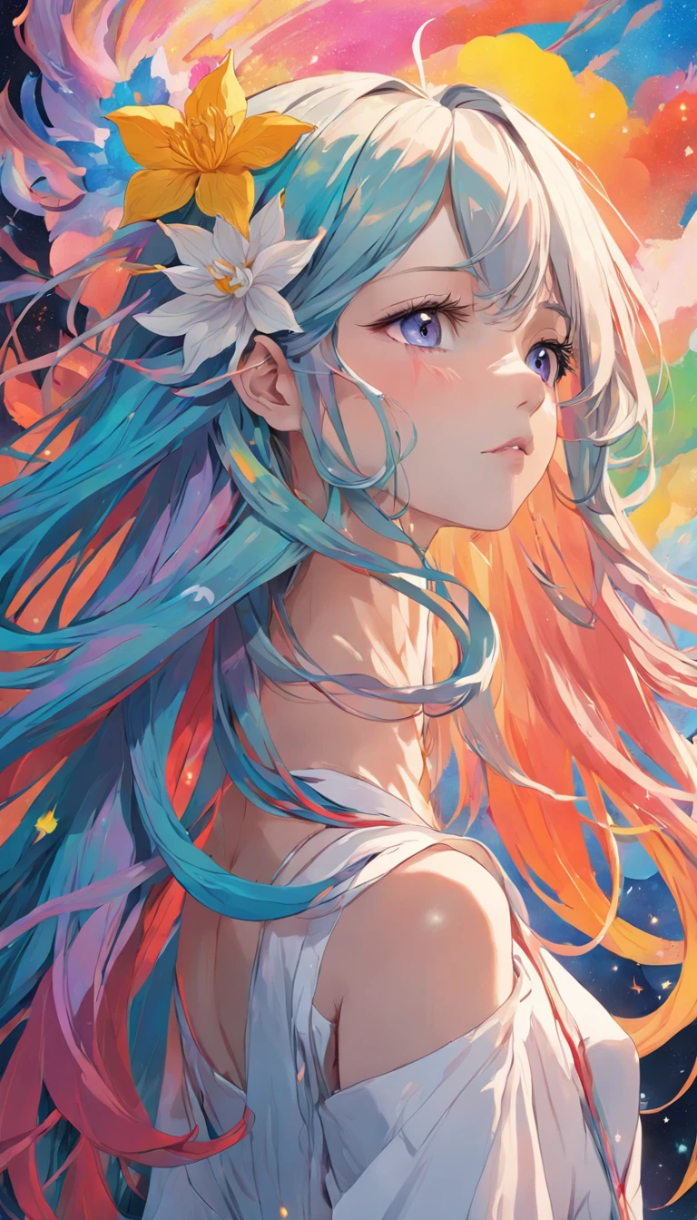 (Beauty side face,Long colored hair,closing her eyes,Masterpiece Narcissus),with rainbow colored background, (illustration:1.2,paper art:1.2, zentangle, a 3D render),(Best quality, high detal, Masterpiece, Cinematic lighting, 4K, Chiaroscuro)