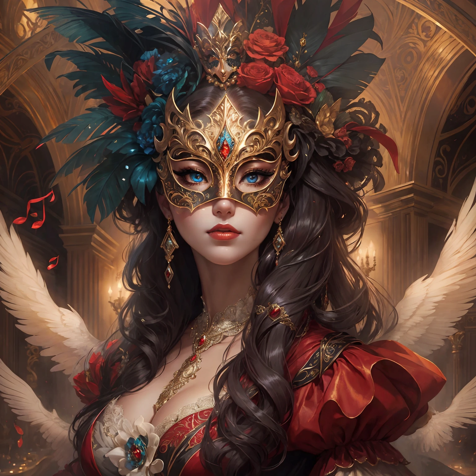 This image should be mysterious and realistically detailed, with high quality artwork. Generate a proud, beautiful woman from the 18th century wearing a stunning and intricately detailed colourful silk ballgown adorned with lace and jewels. She is in the midst of an elegant masquerade ball at Versailles and surrounded by music, royal decor, and expensive details. ((The woman has an exquisite and ornate masquerade mask inspired by fantasy mythology.)) Her face is intricately detailed and realistic with puffy red lips and a big mouth. Important: her eyes are important and are beautiful, with many realistic details, realistic shading, and multiple colors and shades. The setting is a magnificent masquerade ball, where aristocrats, socialites, and mysterious guests from far-flung lands gather for an unforgettable evening. From Venetian masks to elaborate feathered creations, each guest's disguise reflects their unique persona and unspoken desires. Immerse yourself in the allure of this 19th-century masquerade ball, where the elegance of a bygone era and the mystery of the masks combine to create an enchanting experience that will linger in your heart forever. Utilize dynamic composition to interest viewers. (((masterpiece))), intricate, elegant, highly detailed, majestic, digital photography, art by artgerm and ruan jia and greg rutkowski, (masterpiece, finely detailed beautiful eyes: 1.2), hdr, realistic skin texture, (((1woman))), (((solo)))
