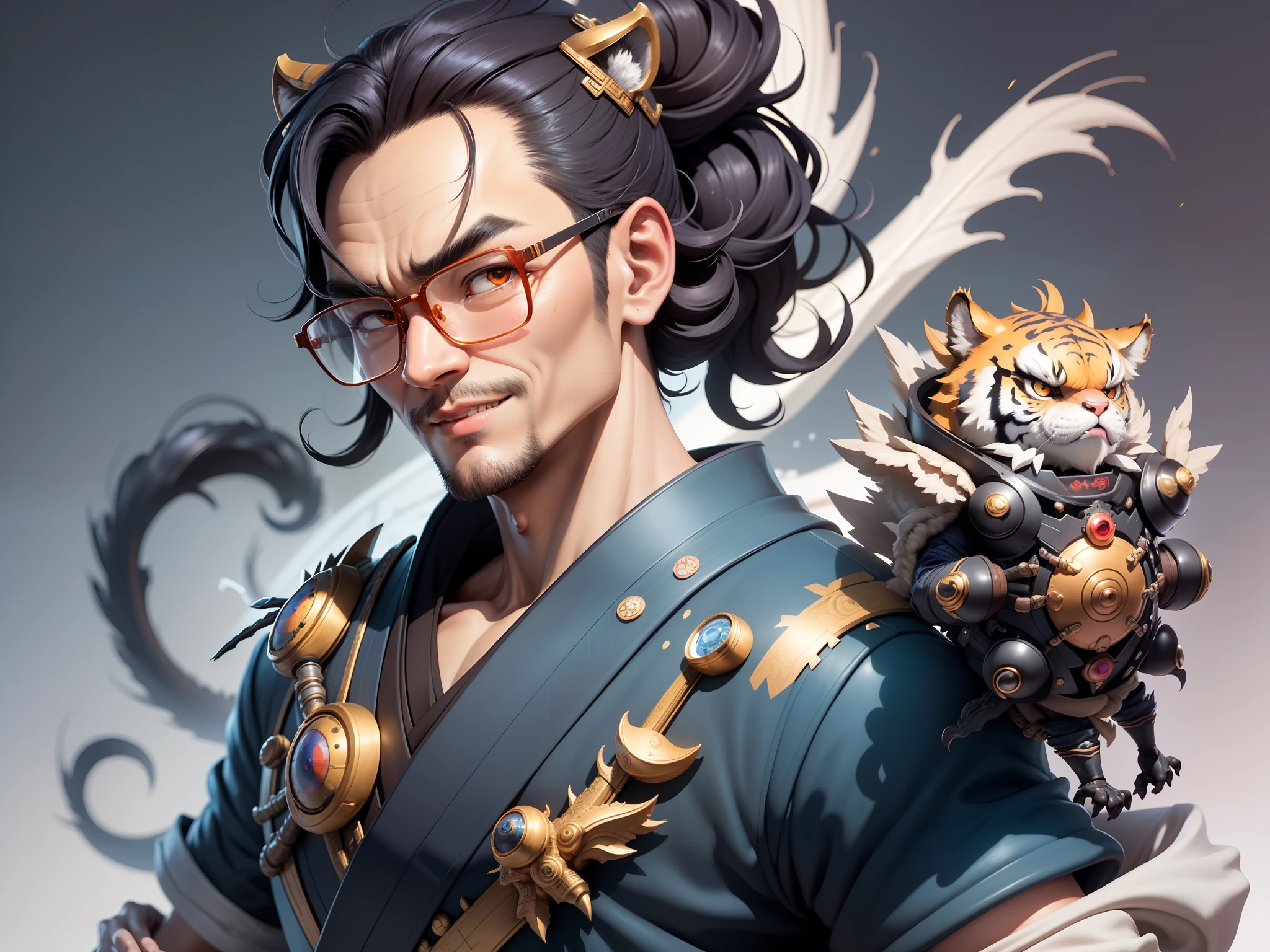 (Masterpiece), (Excellent), (Super Meticulous), (Full Body: 1.2), Super Young Man with Japanese Female Geisha, Pretty, Beautiful, Chinese Dragon, Tiger, Wind God Thor, Sexy, Bursting, Oriental Face, TV Anchor, Bust Portrait Illustration, Black Suit, Blue Tie, Slightly Chubby Face, Silver Glasses, Very Clean Face, No Beard on Chin, Black Super Short Hair, Black Eyes, Confident Smile, 3c Computer Sub-Products, iPad, iPhone, Digital Painting, 3D character design by Mark Clairedon and Pixar and Hayao Miyazaki and Akira Toriyama, the illustrations are HD illustrations in 4K resolution with highly detailed facial features and cartoon-style visuals.