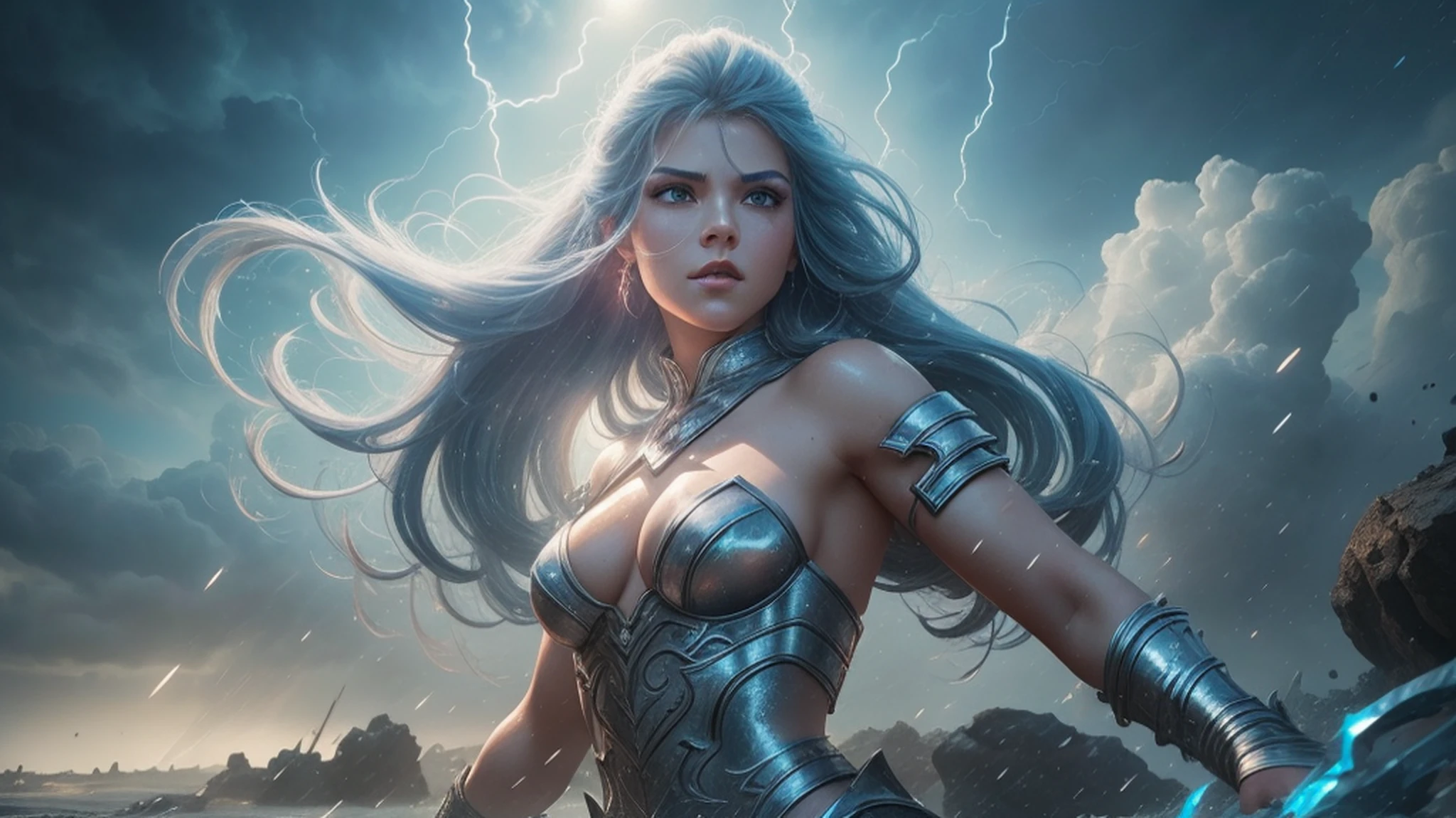 A woman in a blue dress standing in a cherry forest, Artgerm, paisagem realista, Artgerm detalhado, olhos perfeitos, rosto perfeito, Ultra Detalhado, tiro de corpo inteiro, (Skindentation: 1.5), realista, realista, (obra-prima: 1.5), arte conceitual, detalhes intrincados, altamente detalhado, realista, octane rendering, 8K, motor irreal, dinamic pose, melhor qualidade, alta resolução, (rosto realista: 1.1), (hiper-realismo: 1.1) , ((full_body)), olhos perfeitos, (pele brilhante: 1.2), ((penteado))), ((perfect hands))), (fundo muito detalhado), ((dynamic background), ((lightning), (lightning), ((1girl)), Vestindo um manto, (((Manto de fluxo))), ((Olhos detalhados, Olhos de alta qualidade, Rosto de alta qualidade)), vestido azul extremamente complexos, magical robes), casting lightning, eletricidade, spinning flame, radiation, spark, smoke, magia, (dramatic), epic, campo de batalha, profundidade de campo, bokeh, 4k, gotica, cinzas, particules --auto
