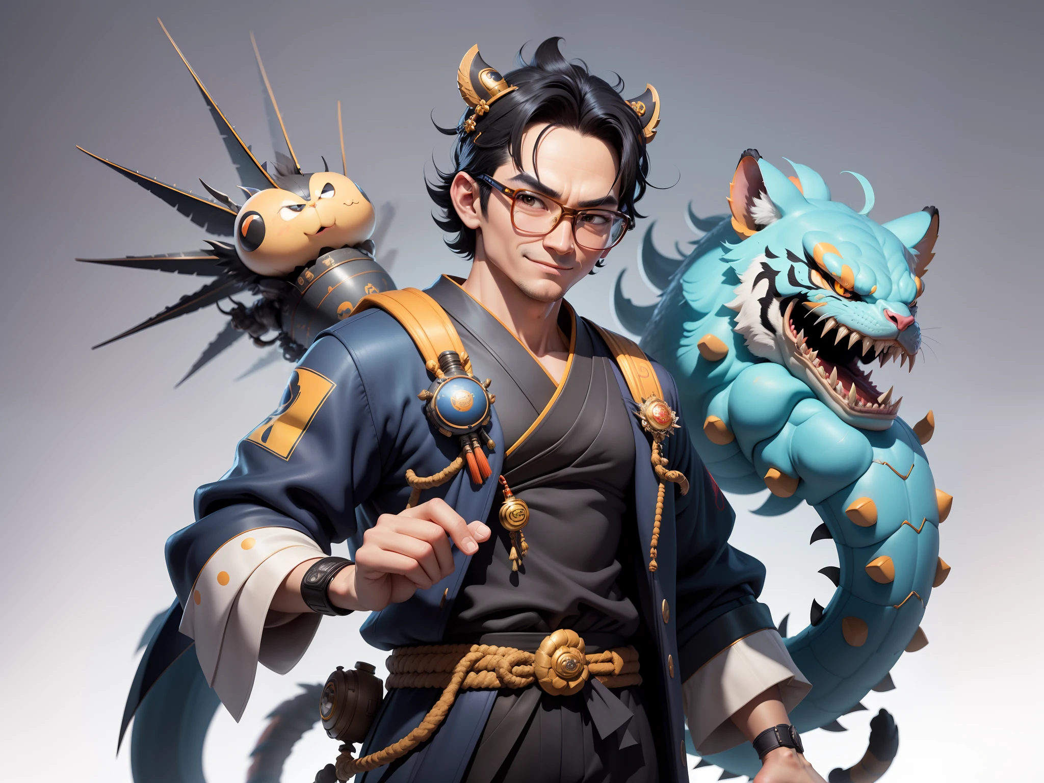 Young man with oriental face in leather hat, dragon, formal suit, short black hair, silver glasses, digital painting, 3D character design by Mark Clairedon and Pixar and Hayao Miyazaki and Akira Toriyama, the illustration is a high-definition illustration in 4K resolution with very detailed facial features and cartoon-style visuals.