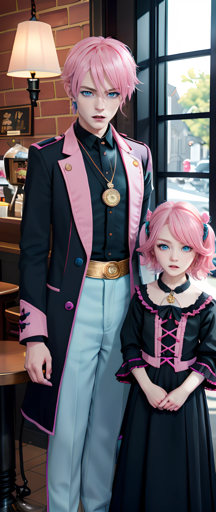 masterpiece, top-quality, 2Others, ((Paternity)), 1 man and 1,, Adults, Height difference, different color, finely eye and detailed face, intricate detailes, Wizarding World Costumes, Inside the coffee shop, During the walk, (( and woman side by side)), A smile, Happiness, tenderness, youthfulness, high-level image quality、 Beautiful men and women、tall、window、𝓡𝓸𝓶𝓪𝓷𝓽𝓲𝓬、British men, Idol Photos, k pop, Professional Photos, ((Vampire Man and Witch)), Fedoman with necklace, inspired by Sim Sa-jeong, androgynous vampire, :9 detailed face: 8, extra detailed face, detailed punk hair, ((Light blue eyes)) baggy eyes, Seductive. Highly detailed, semi realistic anime, Vampires, hyperrealistic teen, deli androgynous prince, imvu, short hair above the ears, Man with short hair, Woman with long hair, With a man with a glaring expression, Woman with a gentle expression, ((Little Englishboy with short pink hair and light blue eyes)), ((Woman with pretty long pink hair and light blue eyes)), ((Pink Haired Boy Short))