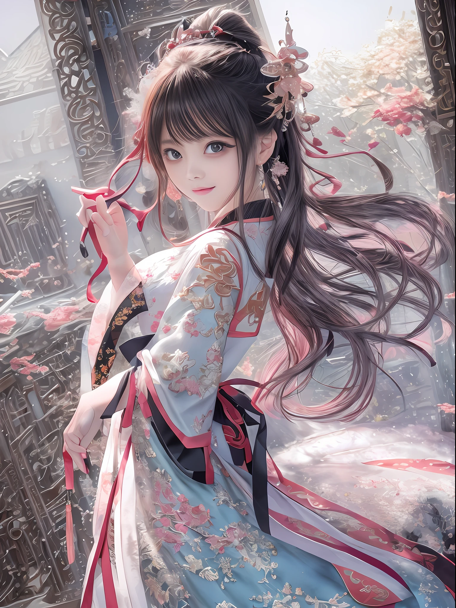 top-quality、masterpiece、hight resolution、Wuxi 1girl、red blush、(seducting smile:0.8)、star-shaped pupils、Hanfu, China、hair adornments、a necklace、jewely、beautiful countenance、full_body、Tindall Effect、Photorealsitic、Dark Studio、Rim Lighting、two tone lighting、(High Detail Skins:1.2)、8K UHD、Digital SLR、Soft lighting、hightquality、Volumetric lighting、Frankness、a picture、hight resolution、4k、8k、bokeh dof