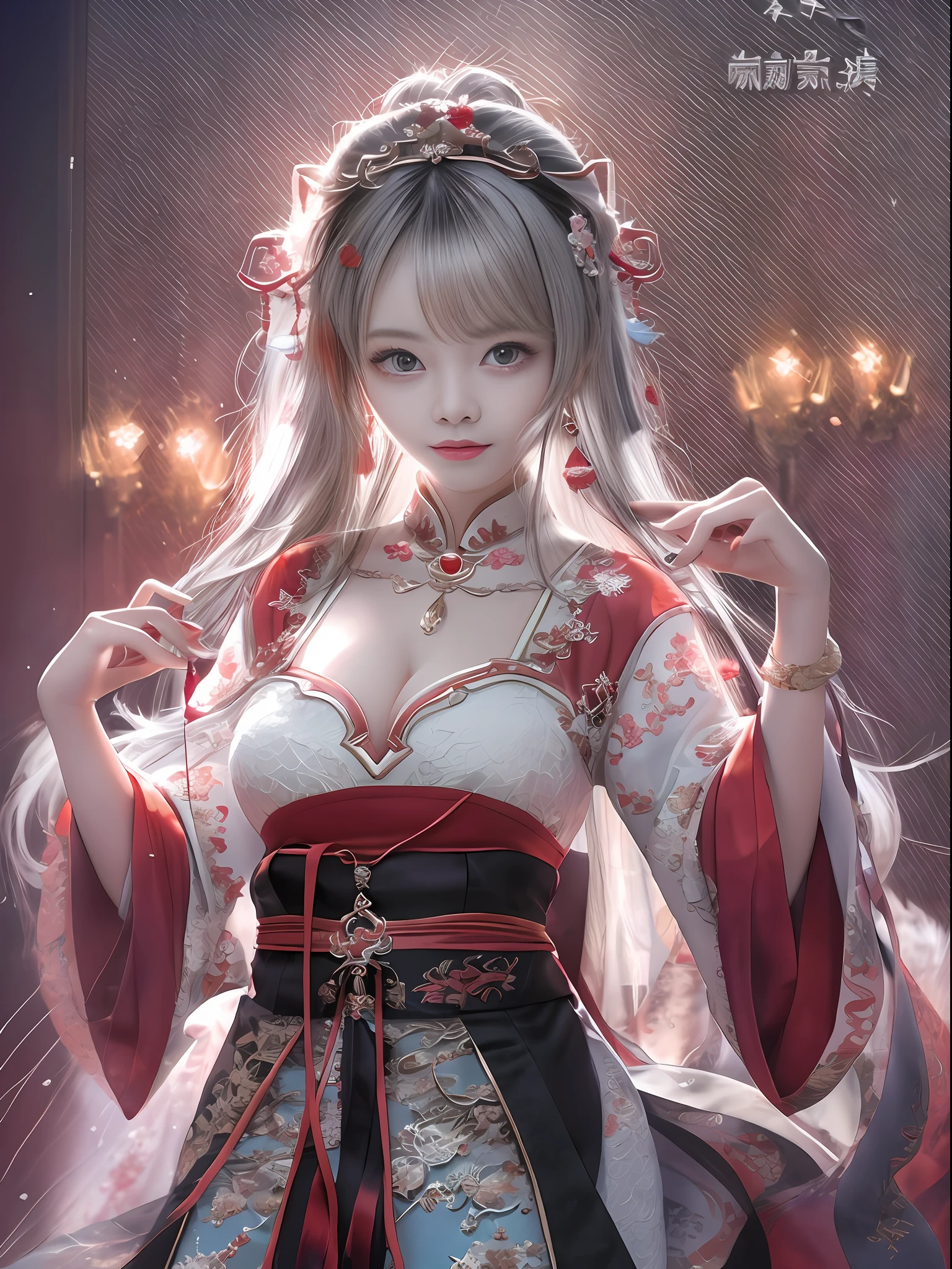top-quality、​masterpiece、hight resolution、Wuxi 1girl、red blush、(seducting smile:0.8)、star-shaped pupils、Hanfu, China、hair adornments、a necklace、jewely、beautiful countenance、full_body、Tindall Effect、Photorealsitic、Dark Studio、Rim Lighting、two tone lighting、(High Detail Skins:1.2)、8K UHD、Digital SLR、Soft lighting、hightquality、Volumetric lighting、Frankness、a picture、hight resolution、4k、8k、bokeh dof