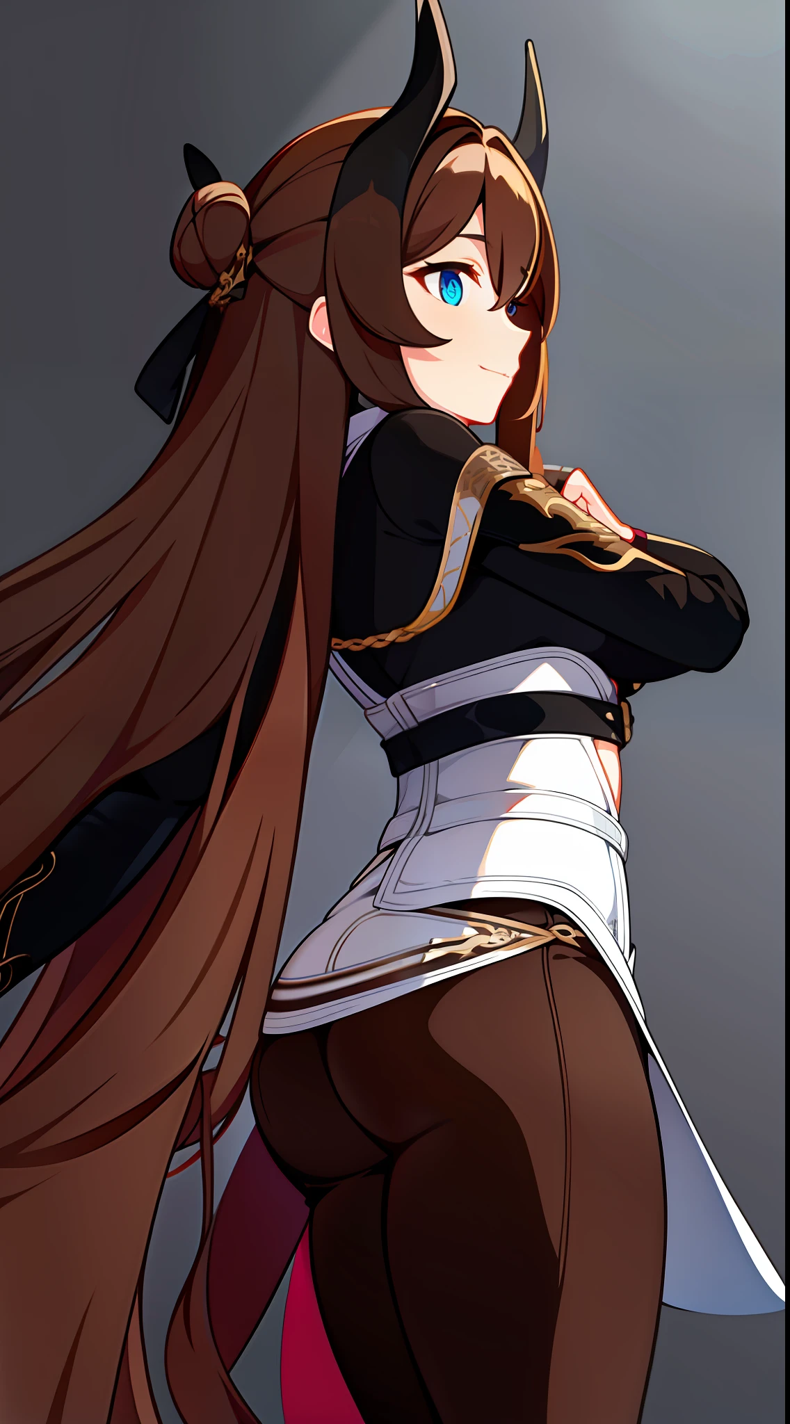 Adult woman, Long brown hair, hair in a bun, Cyan eyes, dragon horns, black tight pants, Black tight top, White leather jacket, ssmile, Masterpiece, hiquality