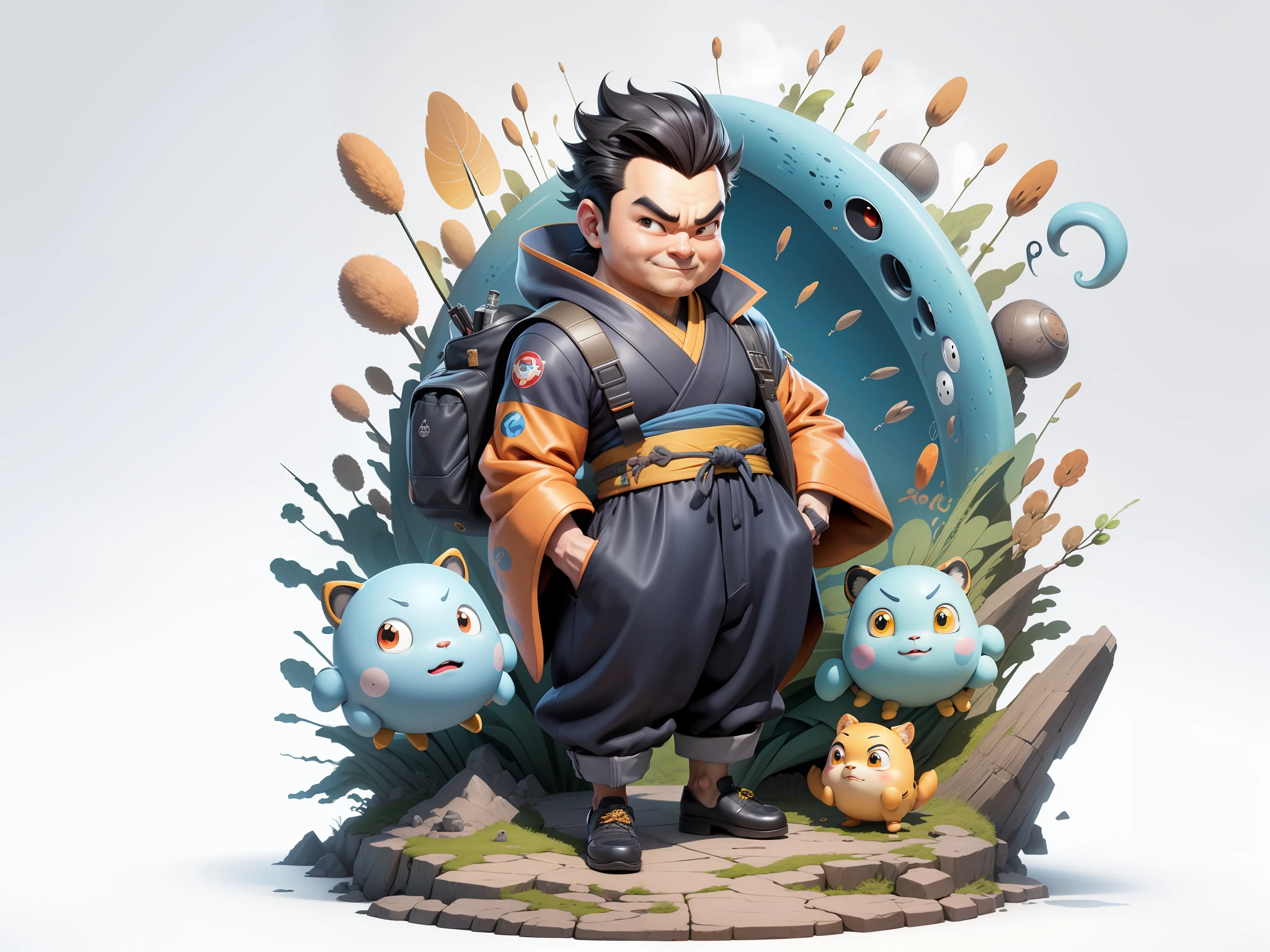 (Masterpiece), (Excellent), (Super Meticulous), (Full Body: 1.2), Super Young Man, Oriental Face, Japanese Kimono, Japanese Wind Thunder God, Dragon, Tiger, TV Anchor, Bust Portrait Illustration, Alone, Black Suit, Blue Tie, Slightly Chubby Face, Very Clean Face, No Beard, Black Super Short Hair, Black Eyes, Confident Smile, 3c Computer Sub-Products, iPad, iPhone, Digital Painting, 3D Character Design by Akira Toriyama and Mark Claireden and Pixar and Hayao Miyazaki, The illustration is a high-definition illustration in 4K resolution with very detailed facial features and cartoon-style visuals.