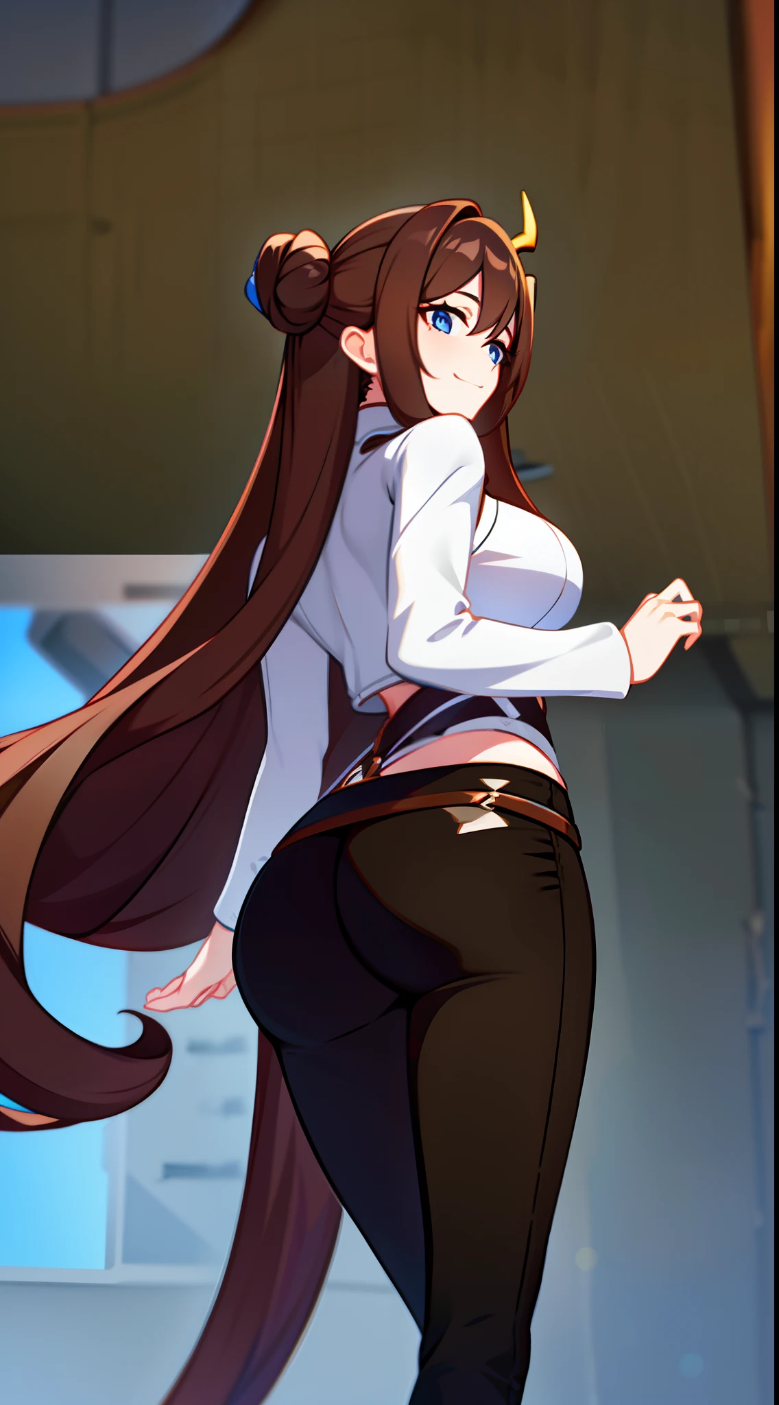 anime, French girl, long brown hair until the middle of the back, grey blue eyes, 175cm tall, big shoulder, big strong arm, flat chest size, big butt, big thighs, strong calf, full body view, nude, uncensored, showing front body view.