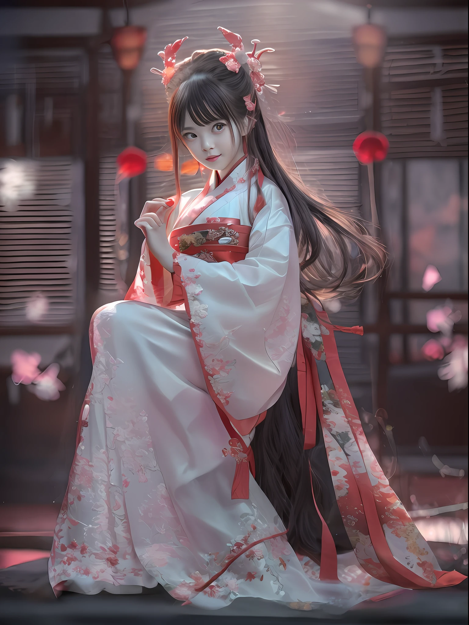 top-quality、masterpiece、hight resolution、Wuxi 1girl、red blush、(seducting smile:0.8)、star-shaped pupils、Hanfu, China、hair adornments、a necklace、jewely、beautiful countenance、full_body、Tindall Effect、Photorealsitic、Dark Studio、Rim Lighting、two tone lighting、(High Detail Skins:1.2)、8K UHD、Digital SLR、Soft lighting、hightquality、Volumetric lighting、Frankness、a picture、hight resolution、4k、8k、bokeh dof