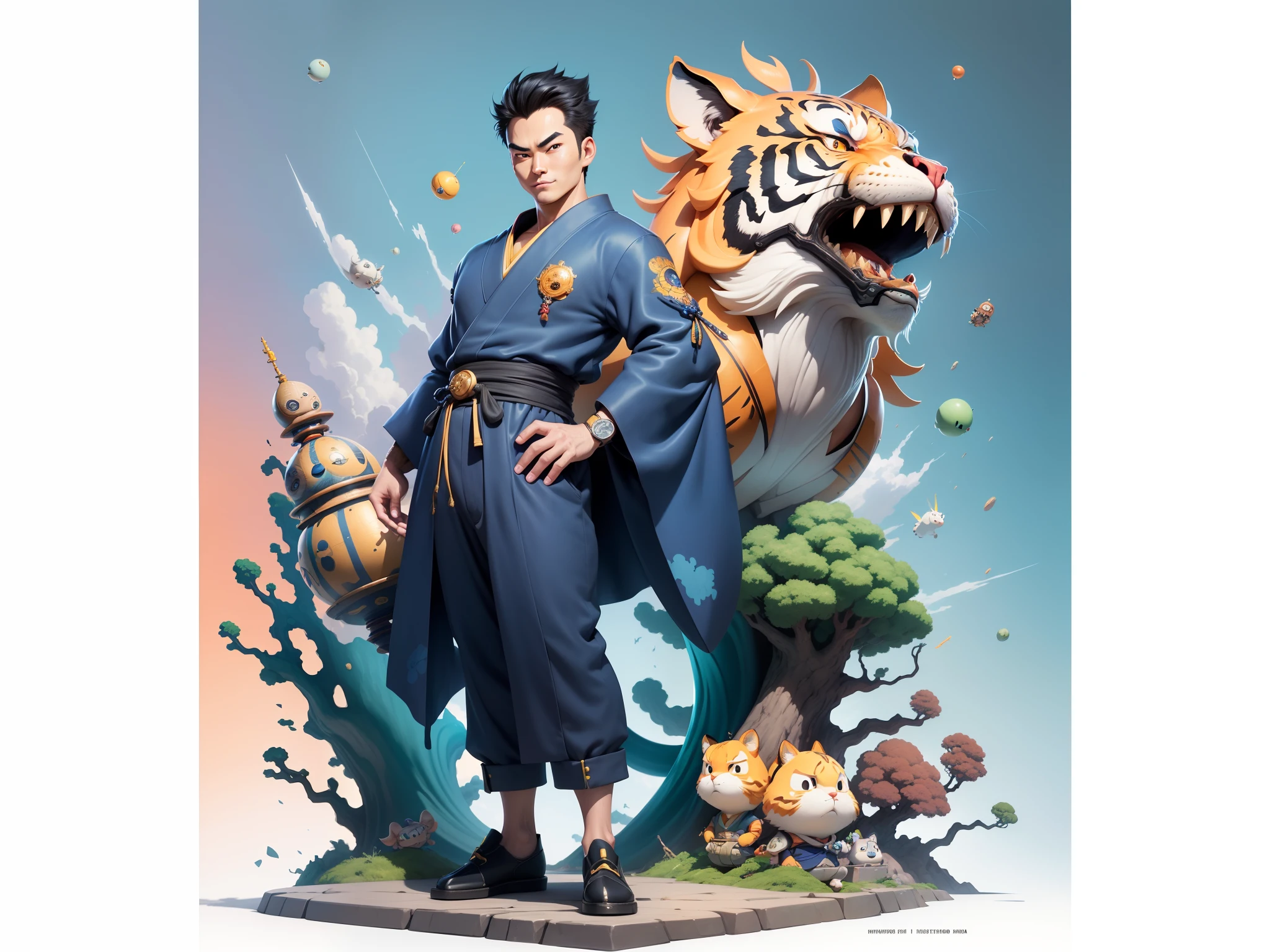 (Masterpiece), (Excellent), (Super Meticulous), (Full Body: 1.2), Super Young Man, Oriental Face, Japanese Kimono, Japanese Wind Thunder God, Dragon, Tiger, TV Anchor, Bust Portrait Illustration, Alone, Black Suit, Blue Tie, Slightly Chubby Face, Very Clean Face, No Beard, Black Super Short Hair, Black Eyes, Confident Smile, 3c Computer Sub-Products, iPad, iPhone, Digital Painting, 3D Character Design by Akira Toriyama and Mark Claireden and Pixar and Hayao Miyazaki, The illustration is a high-definition illustration in 4K resolution with very detailed facial features and cartoon-style visuals.
