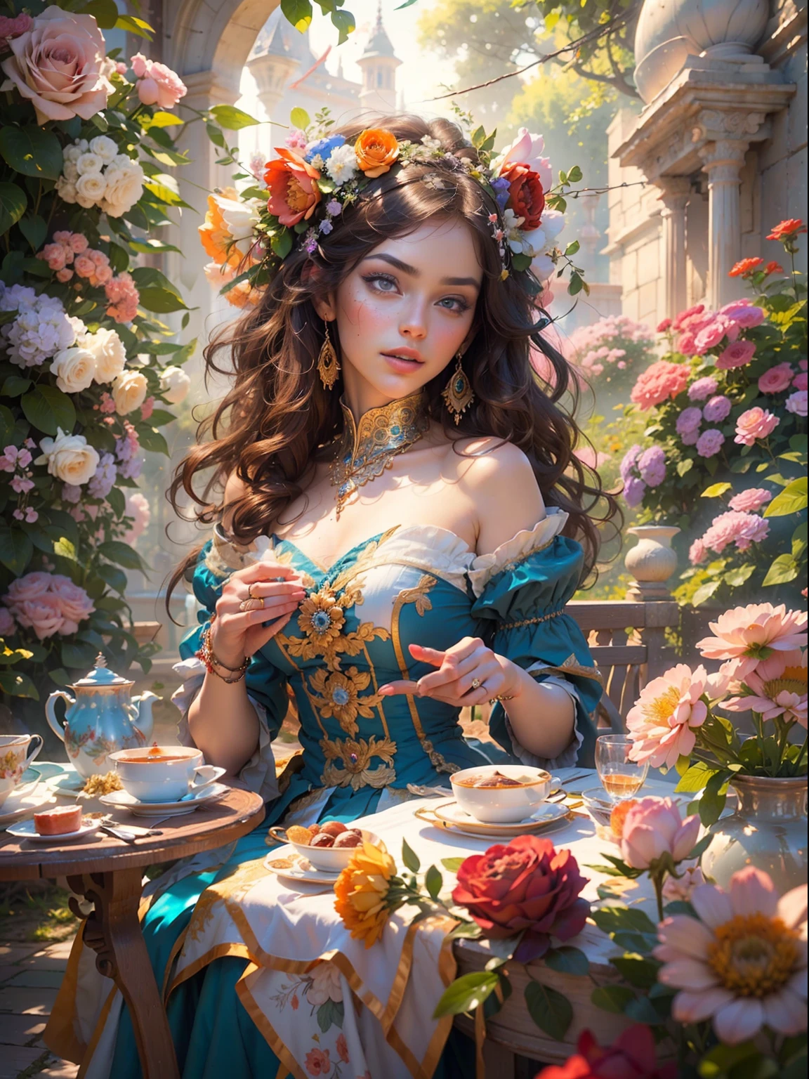 This artwork is colorful and exciting with lots of action and visual interest. Generate a strong and proud woman dressed in colorful victorian dress while sitting having afternoon tea. Her eyes are beautiful and realistically shaded and her face is very proud and highly detailed with puffy lips and a huge mouth. Important: Her eyes are important and should be the highest resolution, extremely detailed, and awe-inspiring, with multiple colors and shades. The backgroundis colorful rose garden . This image is highly ornate and full of detail. Include fantasy details, enhanced details, iridescence, colorful glittering wind. Pay special attention to her face and make sure it is beautifully and realistically detailed. 8k, intricate, elegant, highly detailed, majestic, digital photography, art by artgerm and ruan jia and greg rutkowski, (masterpiece, finely detailed beautiful eyes: 1.2), hdr, realistic skin texture, rays of light, ornate flowers, dew drops, sunlight, hazy rays of sun, flowergateway style, castle, palace, archway, flowers, growing