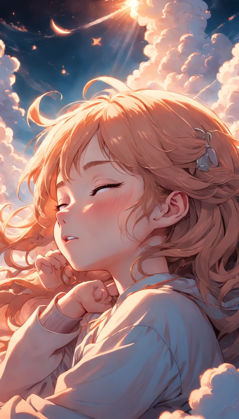 masterpiece, Highest Quality, MovieSteel, 1Girl, Cloud Girl, Floating in the sky, close-up, brightness, happiness, Warm and soft lighting, sunset, Sleeping, Sleep on your stomach, sleep, eyes closed, Tiredness. (sparks:0.7)