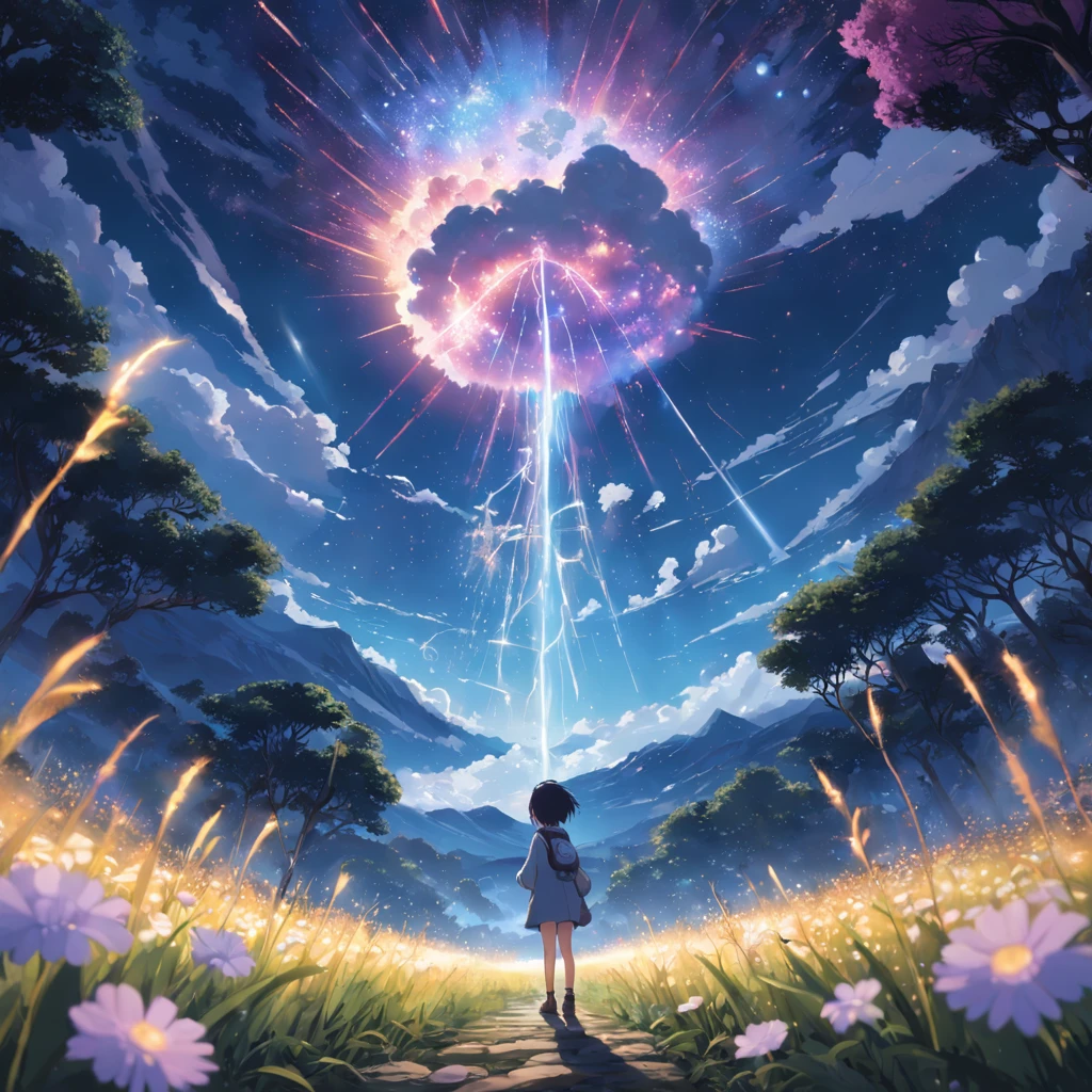 8K, Super detail, ccurate, Best quality, Masterpiece, Super detail, High details, High quality, Best quality, A high resolution，The composition of the characters is small，1girll，facing away from the audience，Girl gazing at stars by lake，ln the forest，inverted image，meteor shower