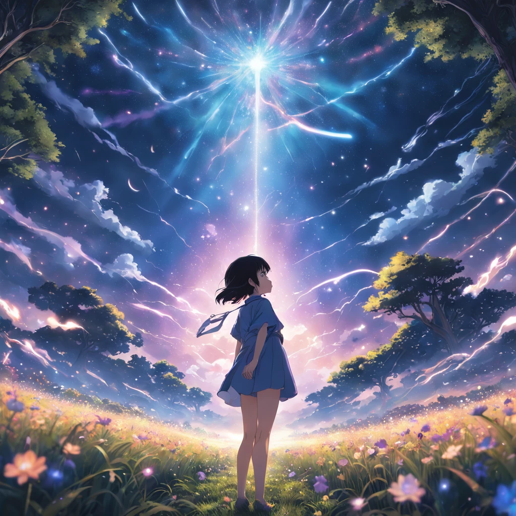 8K, Super detail, ccurate, Best quality, Masterpiece, Super detail, High details, High quality, Best quality, A high resolution，The composition of the characters is small，1girll，facing away from the audience，Girl gazing at stars by lake，ln the forest，inverted image，meteor shower