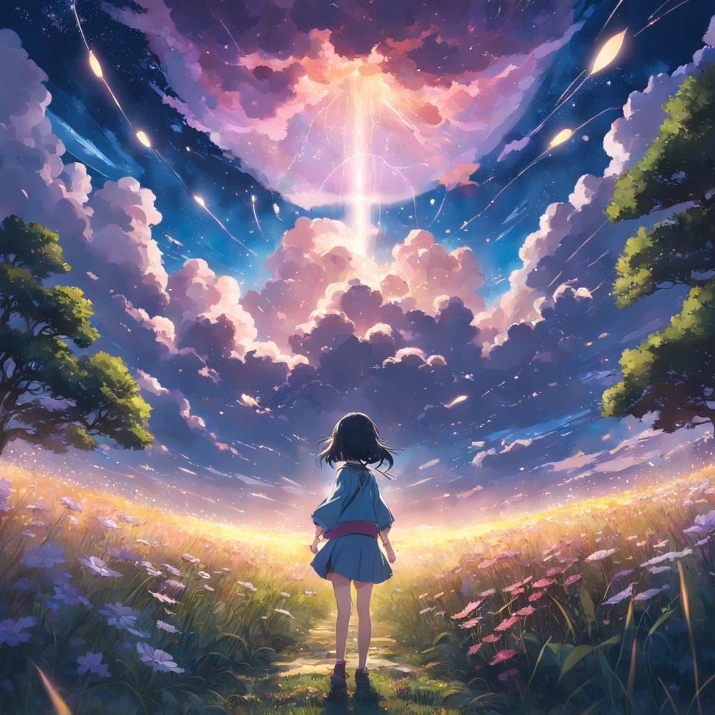 8K, Super detail, ccurate, Best quality, Masterpiece, Super detail, High details, High quality, Best quality, A high resolution，The composition of the characters is small，1girll，facing away from the audience，Girl gazing at stars by lake，ln the forest，inverted image，meteor shower