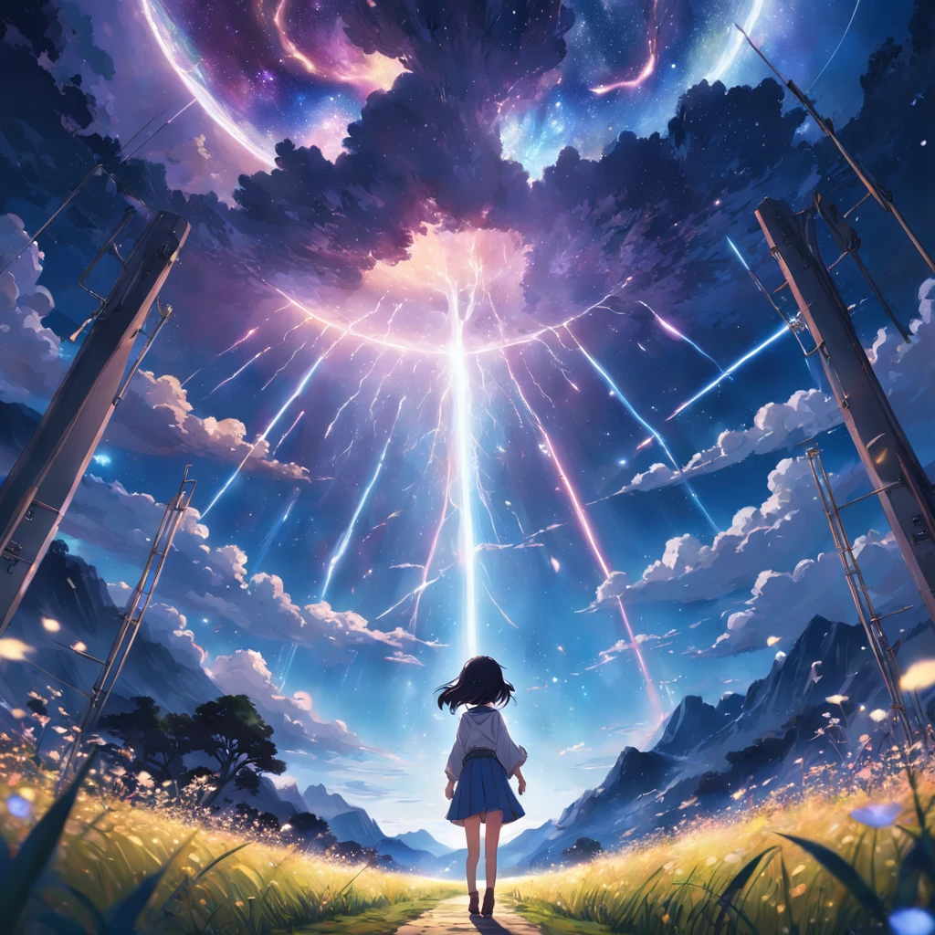 8K, Super detail, ccurate, Best quality, Masterpiece, Super detail, High details, High quality, Best quality, A high resolution，The composition of the characters is small，1girll，facing away from the audience，Girl gazing at stars by lake，ln the forest，inverted image，meteor shower