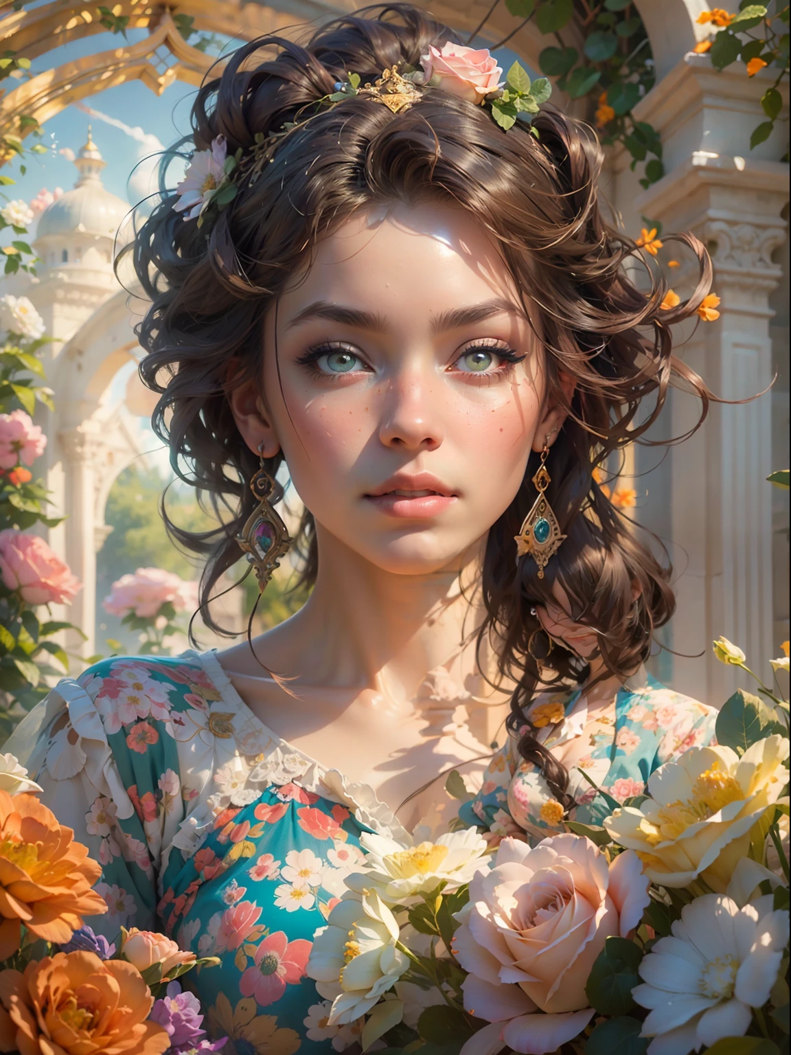This artwork is colorful and exciting with lots of action and visual interest. Generate a strong and proud woman dressed in colorful victorian dress while sitting having afternoon tea. Her eyes are beautiful and realistically shaded and her face is very proud and highly detailed with puffy lips and a huge mouth. Important: Her eyes are important and should be the highest resolution, extremely detailed, and awe-inspiring, with multiple colors and shades. The backgroundis colorful rose garden . This image is highly ornate and full of detail. Include fantasy details, enhanced details, iridescence, colorful glittering wind. Pay special attention to her face and make sure it is beautifully and realistically detailed. 8k, intricate, elegant, highly detailed, majestic, digital photography, art by artgerm and ruan jia and greg rutkowski, (masterpiece, finely detailed beautiful eyes: 1.2), hdr, realistic skin texture, rays of light, ornate flowers, dew drops, sunlight, hazy rays of sun, flowergateway style, castle, palace, archway, flowers, growing