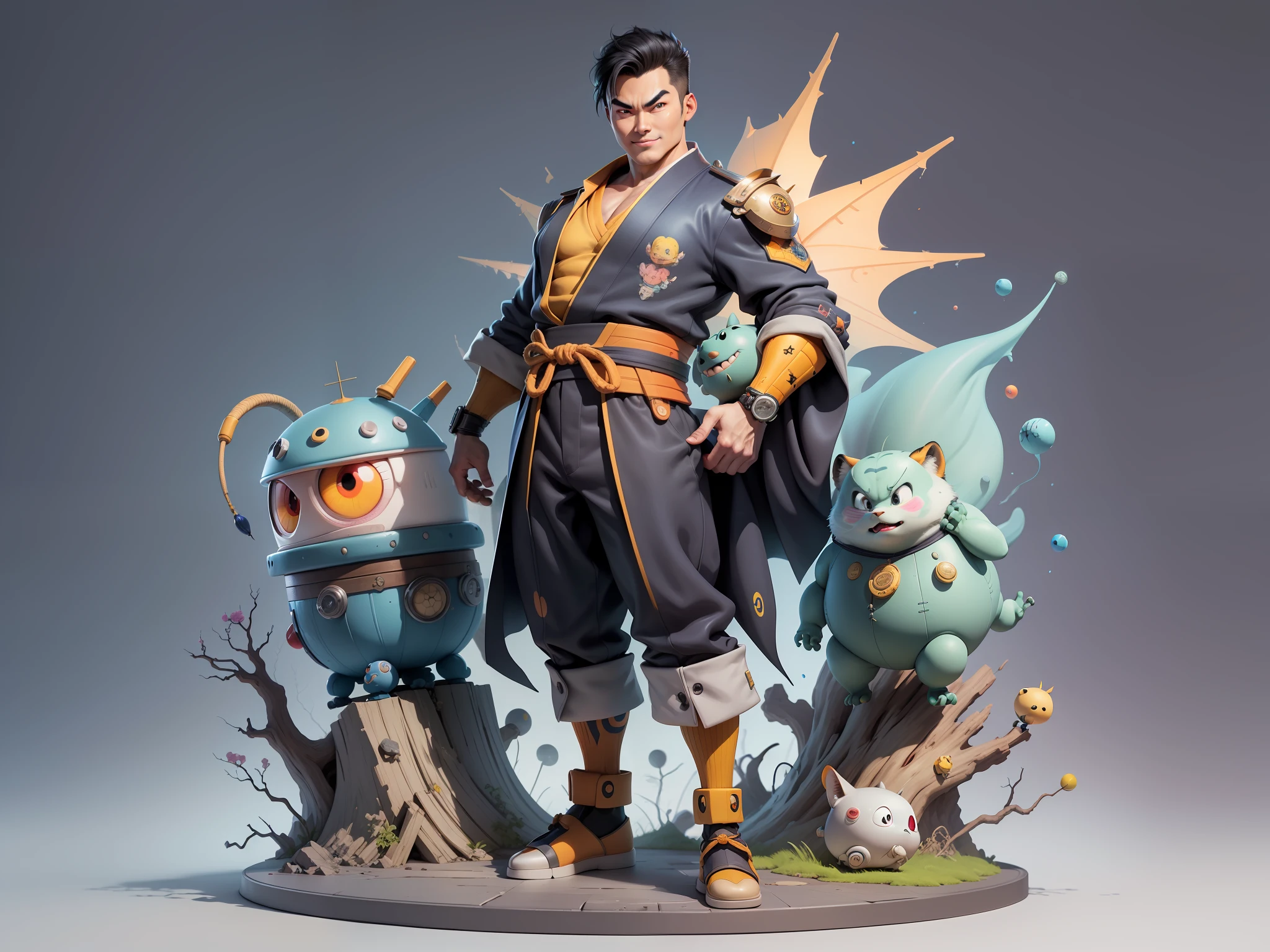 (Masterpiece), (Excellent), (Super Meticulous), (Full Body: 1.2), Super Young Man, Oriental Face, Japanese Kimono, Japanese Wind Thunder God, Dragon, Tiger, TV Anchor, Bust Portrait Illustration, Alone, Black Suit, Blue Tie, Slightly Chubby Face, Very Clean Face, No Beard, Black Super Short Hair, Black Eyes, Confident Smile, 3c Computer Sub-Products, iPad, iPhone, Digital Painting, 3D Character Design by Akira Toriyama and Mark Claireden and Pixar and Hayao Miyazaki, The illustration is a high-definition illustration in 4K resolution with very detailed facial features and cartoon-style visuals.