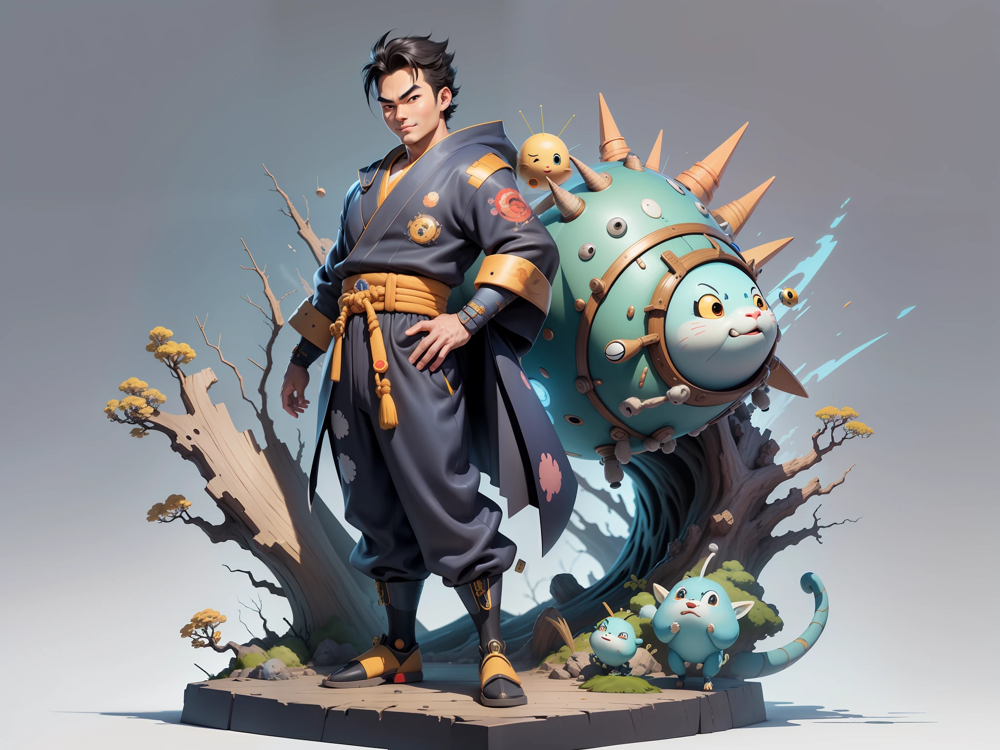 (Masterpiece), (Excellent), (Super Meticulous), (Full Body: 1.2), Super Young Man, Oriental Face, Japanese Kimono, Japanese Wind Thunder God, Dragon, Tiger, TV Anchor, Bust Portrait Illustration, Alone, Black Suit, Blue Tie, Slightly Chubby Face, Very Clean Face, No Beard, Black Super Short Hair, Black Eyes, Confident Smile, 3c Computer Sub-Products, iPad, iPhone, Digital Painting, 3D Character Design by Akira Toriyama and Mark Claireden and Pixar and Hayao Miyazaki, The illustration is a high-definition illustration in 4K resolution with very detailed facial features and cartoon-style visuals.