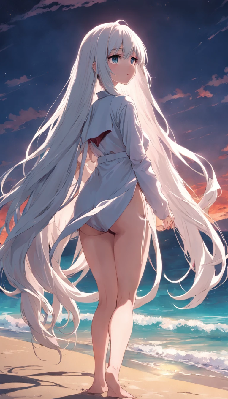 beach,Look up,Long white hair,full bodyesbian, Dark