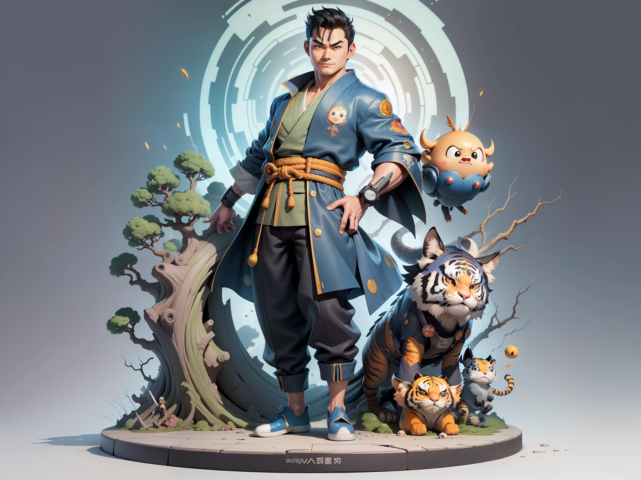 (Masterpiece), (Excellent), (Super Meticulous), (Full Body: 1.2), Super Young Man, Oriental Face, Japanese Kimono, Japanese Wind Thunder God, Dragon, Tiger, TV Anchor, Bust Portrait Illustration, Alone, Black Suit, Blue Tie, Slightly Chubby Face, Very Clean Face, No Beard, Black Super Short Hair, Black Eyes, Confident Smile, 3c Computer Sub-Products, iPad, iPhone, Digital Painting, 3D Character Design by Akira Toriyama and Mark Claireden and Pixar and Hayao Miyazaki, The illustration is a high-definition illustration in 4K resolution with very detailed facial features and cartoon-style visuals.