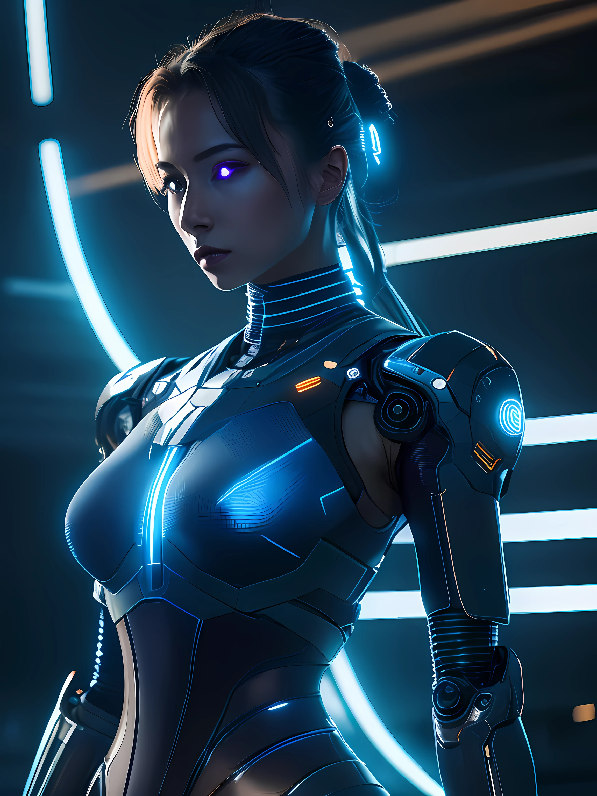 a [woman's body silhouette: (fiber optics:1.3) : 0.3], complex, cyborg, robotic parts, futuristic interior background, cinematic, fine details, 8k, dark shot, soft volumetric lights, backlit, cinematic, intricate details, ArtStation