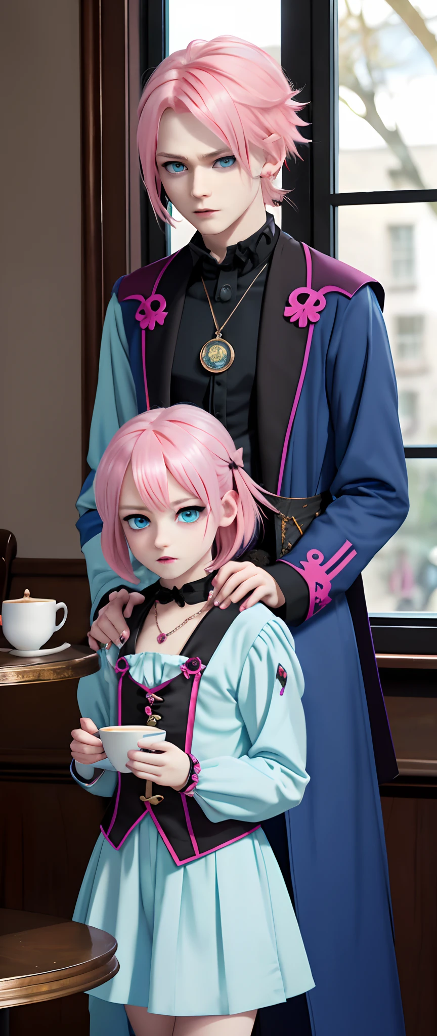 masterpiece, top-quality, 2Others, ((Paternity)), 1 man and 1,, Adults, Height difference, different color, finely eye and detailed face, intricate detailes, Wizarding World Costumes, Inside the coffee shop, During the walk, (( boy and woman side by side)), A smile, Happiness, tenderness, youthfulness, high-level image quality、 Beautiful men and women、tall、window、𝓡𝓸𝓶𝓪𝓷𝓽𝓲𝓬、British men, Idol Photos, k pop, Professional Photos, ((Vampire Man and Witch)), Fedoman with necklace, inspired by Sim Sa-jeong, androgynous vampire, :9 detailed face: 8, extra detailed face, detailed punk hair, ((Light blue eyes)) baggy eyes, Seductive. Highly detailed, semi realistic anime, Vampires, hyperrealistic teen, delicate androgynous prince, imvu, short hair above the ears, Man with short hair, Woman with long hair, With a man with a glaring expression, Woman with a gentle expression, ((Littleshboy with short pink hair and light blue eyes)), ((Woman with pretty long pink hair and light blue eyes)), ((Pink Haired Boy Short))