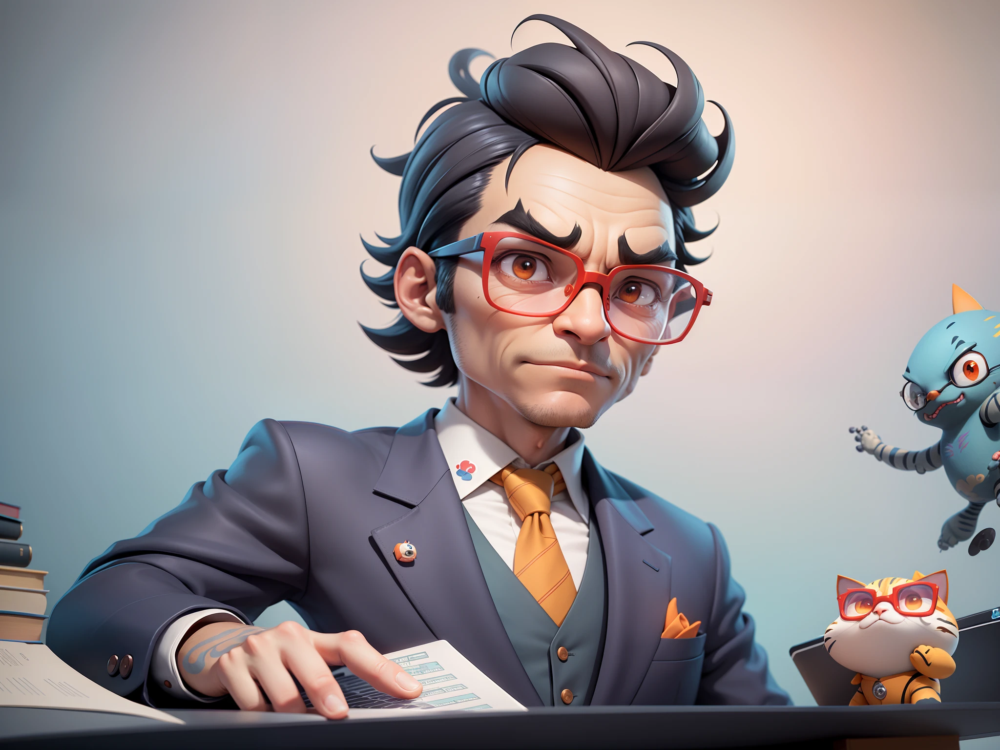 A young man in a suit, Short hair and glasses sat at his desk,holding laptop,digitial painting,tigre,3D character design by Mark Clairen and Pixar and Hayao Miyazaki and Akira Toriyama,4K HD illustration,Very detailed facial features and cartoon-style visuals。
