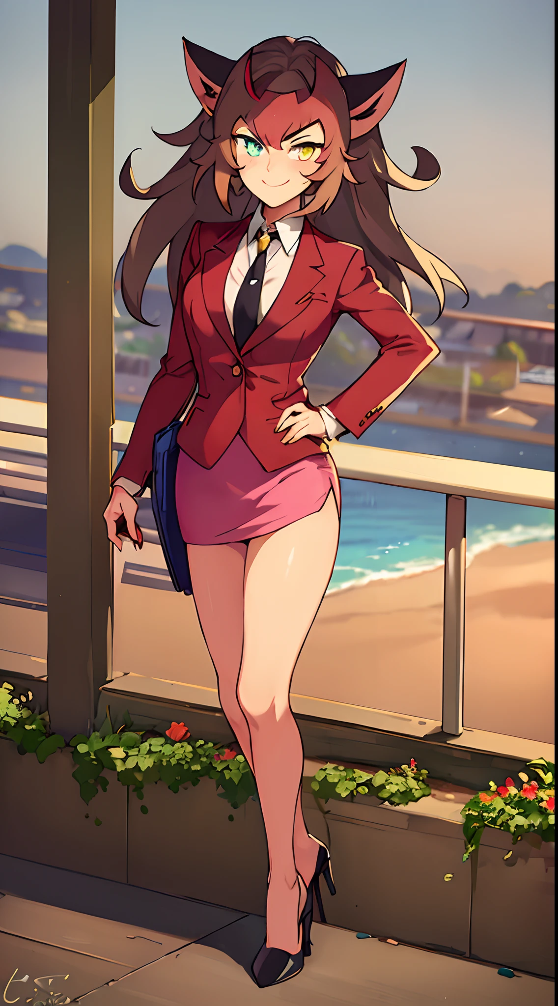 (masterpiece, best quality:1.2), cowboy shot, solo, 1girl, catra, smile, catgirl, looking at viewer, standing, heterochromia, colored sclera, skirt suit, blazer, necktie, white undershirt, pencil skirt, bare legs, high heels, office