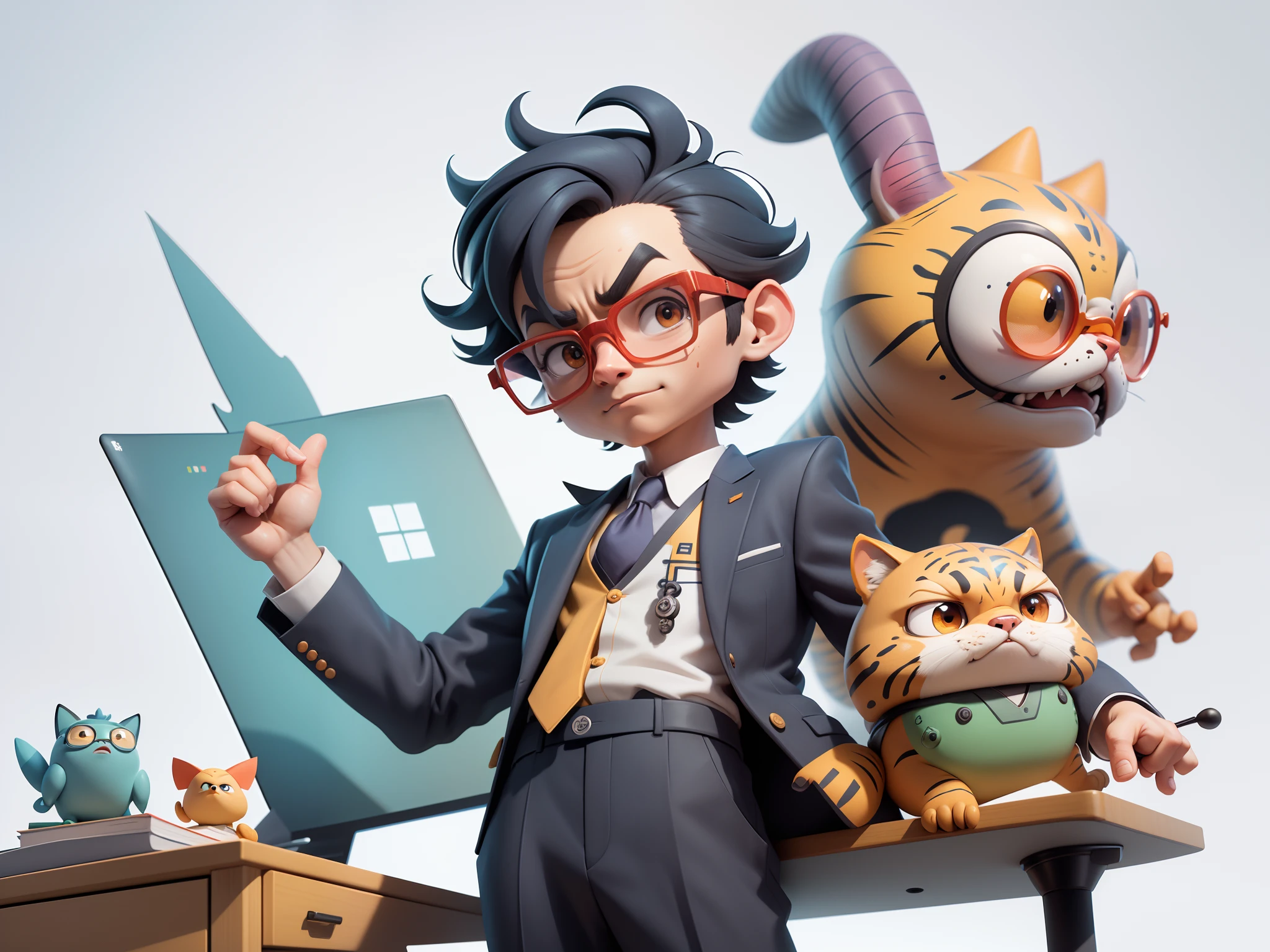 A young man in a suit, Short hair and glasses sat at his desk,holding laptop,digitial painting,tigre,3D character design by Mark Clairen and Pixar and Hayao Miyazaki and Akira Toriyama,4K HD illustration,Very detailed facial features and cartoon-style visuals。
