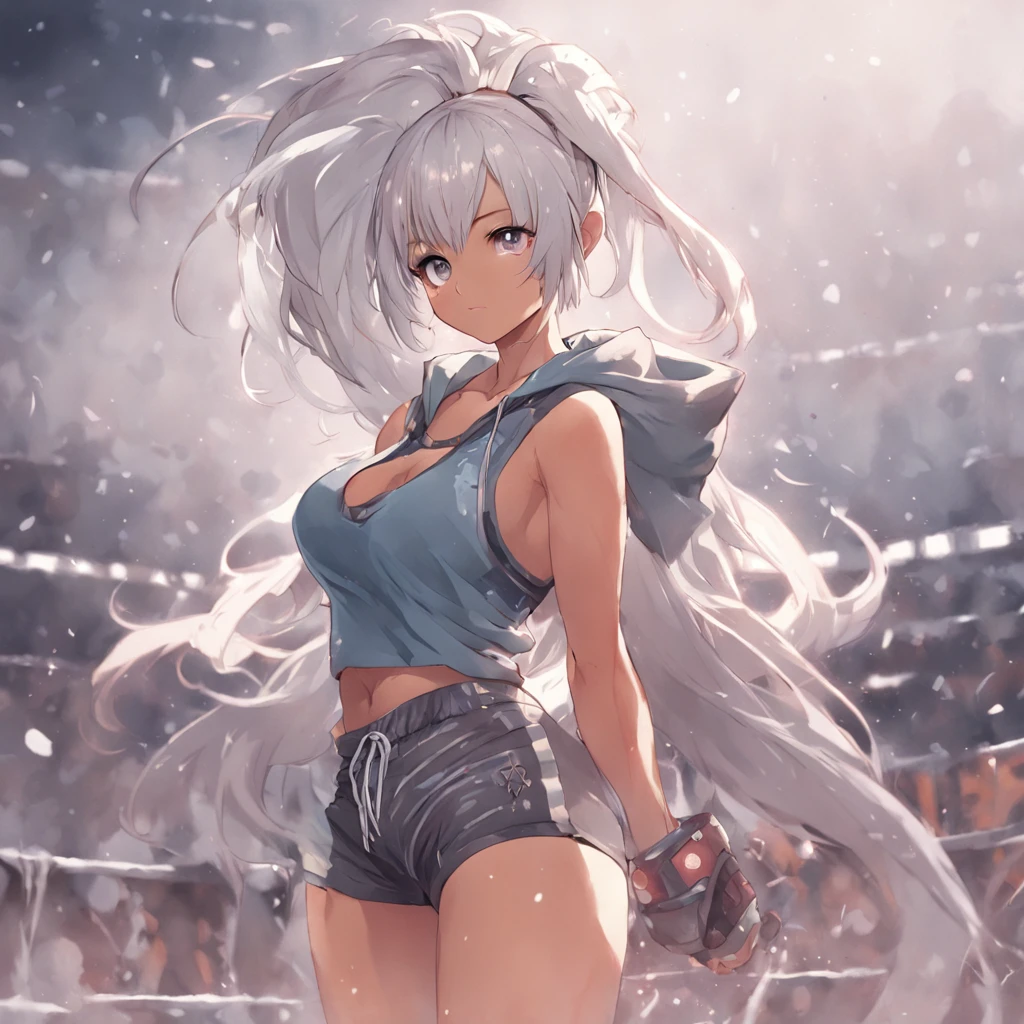 /draw [retro anime], old anime, 1980s \(style\), 1990s \(style\), watercolor \(medium\), (feminine gym shorts), (hoodie), ((best quality)), ((masterpiece)), [detailed], [anime and manga image], [captivating], [enchanting], ], {ponytail}, oldschool, solo, [dark skinned female], white hair, (large breasts),  (hyperdetailed:1.15), [detailed], ((best quality)), ((masterpiece)), (soft light, sharp:1.2), (illustration, uhd, unreal engine, sharp focus,), op quality, best quality, official art, ultra detailed texture, ((art by takehiko inoue)), [pixiv],white hair, ponytail, dark skinned female, large breasts, hindu bikini armor,