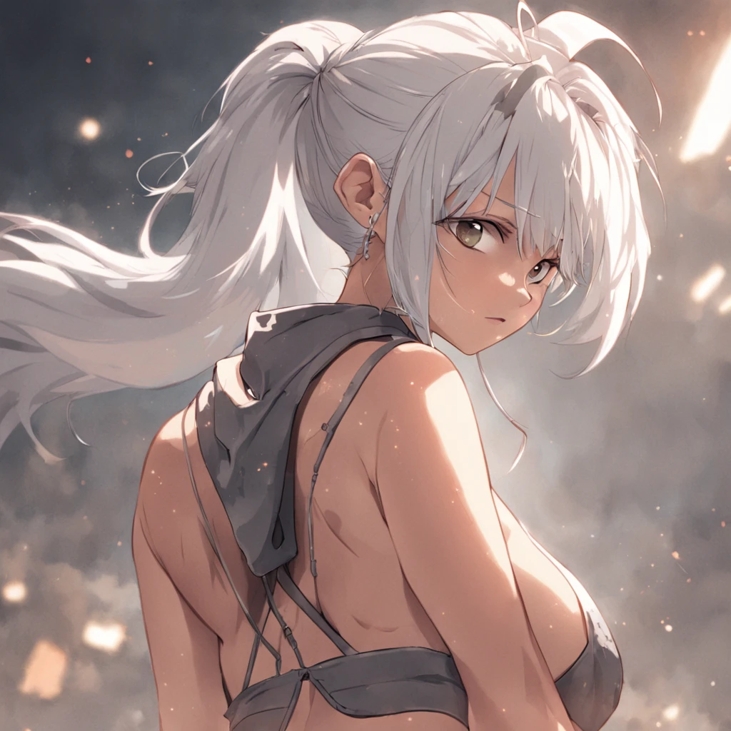 /draw [retro anime], old anime, 1980s \(style\), 1990s \(style\), watercolor \(medium\), (feminine gym shorts), (hoodie), ((best quality)), ((masterpiece)), [detailed], [anime and manga image], [captivating], [enchanting], ], {ponytail}, oldschool, solo, [dark skinned female], white hair, (large breasts), (hyperdetailed:1.15), [detailed], ((best quality)), ((masterpiece)), (soft light, sharp:1.2), (illustration, uhd, unreal engine, sharp focus,), op quality, best quality, official art, ultra detailed texture, ((art by takehiko inoue)), [pixiv],white hair, ponytail, dark skinned female, large breasts, hindu bikini armor,