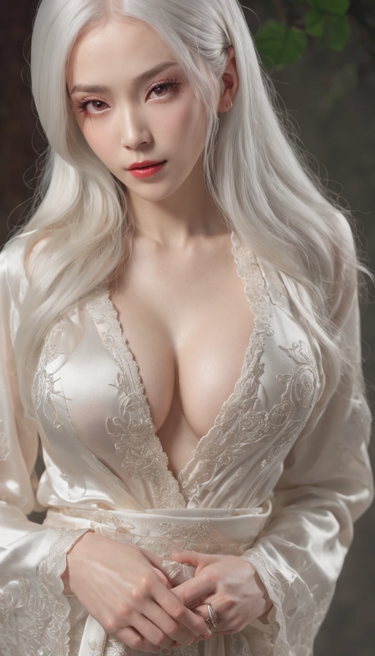 White hair, Red eyes, Mature female, Narrow waist, view the viewer, Seductive posture, Sexy pose, Alluring, Clean, Pale skin, Absurdly long hair, (Huge breasts, breasts out, puffynipple ), Shiny skin, skin indentation, Delicate pattern, intricately details, (Rich:1.4), (Extremely detailed 8K Chinese long embroidered silk robe and silk tunic and dress:1.2), Slim body,超高分辨率, (Photorealistic:1.4), RAW photo,16k,Dramatic lighting,