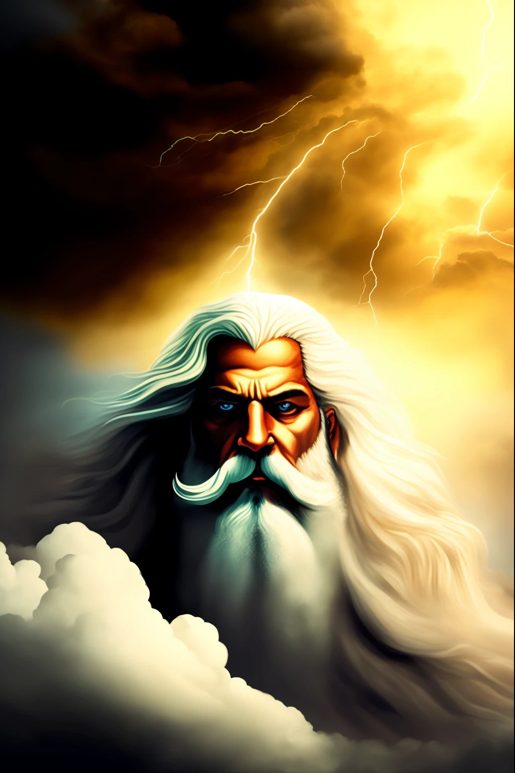 imagem arafed de um homem com uma longa barba branca e uma barba branca, Furioso Deus Zeus, Godrays Pintura Digital, O Deus Zeus, Retrato pintado de Zeus acidentado, epic clouds and godlike lighting, epic scene of zeus, Retrato pintado de Odin acidentado, Retrato Zeus, Retrato de Zeus acidentado, epic digital art illustration, storm egyptian god