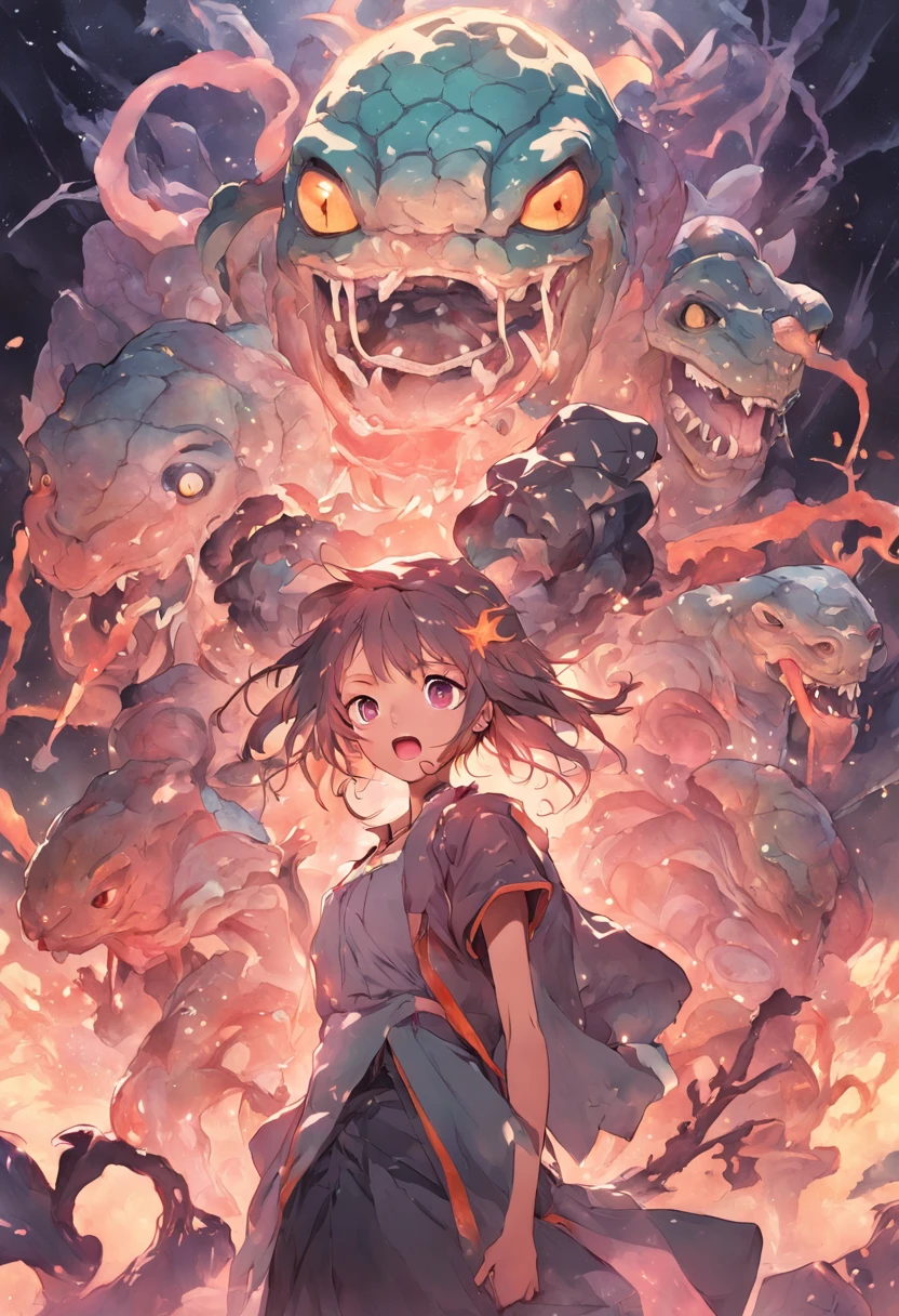 Woman with snake on head, jellyfish style angry expression, bright expression and surrounding stone statues,Petrified people