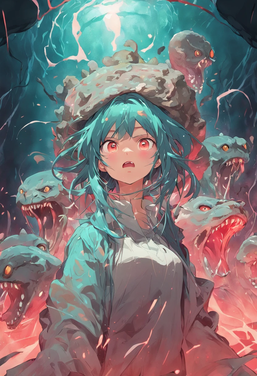 Woman with snake on head, jellyfish style angry expression, bright expression and surrounding stone statues,Petrified people