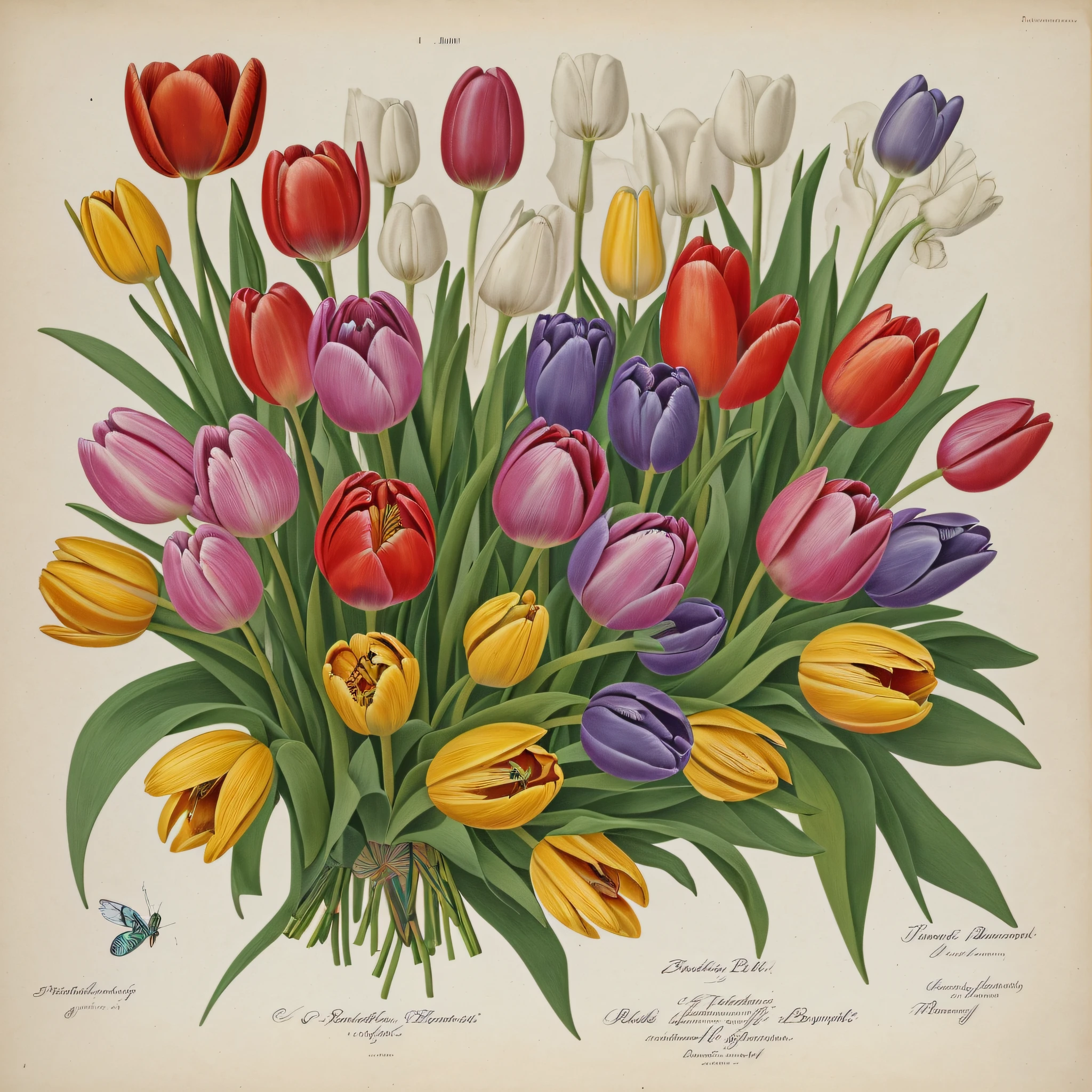 (beste-Qualit: 1.2), (Detailed: 1.2), (tmasterpiece: 1.2), Vintage botanical illustrations of butterflies and bees, ((Bouquet of tulips)) (1770-1775) in high resolution by John Edwards