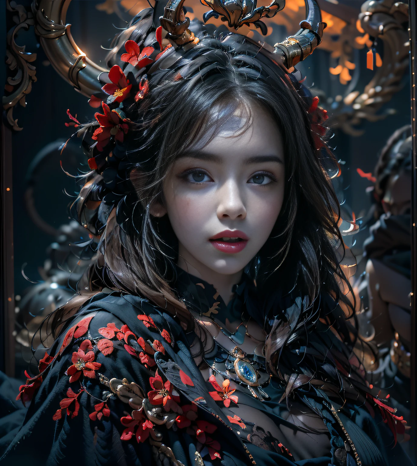 "独奏". cow boy shot, (Gray gloomy background, Dark forest. Gloomy and desperate, Dark dramatic lighting, Vignette), Realistic eyes, beauitful face, 1 girl with a perfect body, a druid, There are large antlers on the head, (The horn is fully visible in the frame:1.5). Long straight hair, Flowers, glowworm, Entangled with branches, (She wears a veil with a hood), ((Perfect anatomy)), Plump, upper torso, Shoot head-to-back, (Glowing eyes), A black magic, gotik, Burn orange gradient, magic, Nature, Magic splash, 3D vector graphics, Fantasy art, Watercolor effect, Bokeh, Hand-drawn, Digital painting, gentle illumination, Isometric style, retro aesthetic, 4K 分辨率, с Cinema 4D, Natural lighting, Cinematic, Masterpiece, Highly detailed, Intricate, Extreme texture, Horror, incrivel, Creepy, The sophistication and serenity of Scarimog. Accentuates the low-poly style, The overall aesthetic should be sleek and stylish, This makes it suitable for branding and logos.