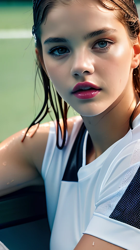 photo of (Barbara Palvin), a woman as a sexy tennis player, modelshoot style, (extremely detailed CG unity 8k wallpaper), photo of the most beautiful artwork in the world, Intricate, High Detail, Sharp focus, dramatic, photorealistic, (wet_tennis_uniform:1.2), (tennis shorts:1.2), (sneakers), (on the tennis_court ), (( dribbling_\(tennis\) )), (tennis), ((in a tennis stadium )), (( crowd sitting on the bleachers )), (basketball game), (looking at viewer), (detailed pupils:1.3), (modern outfit:1.2), (closeup), red lips, (eye shadow)