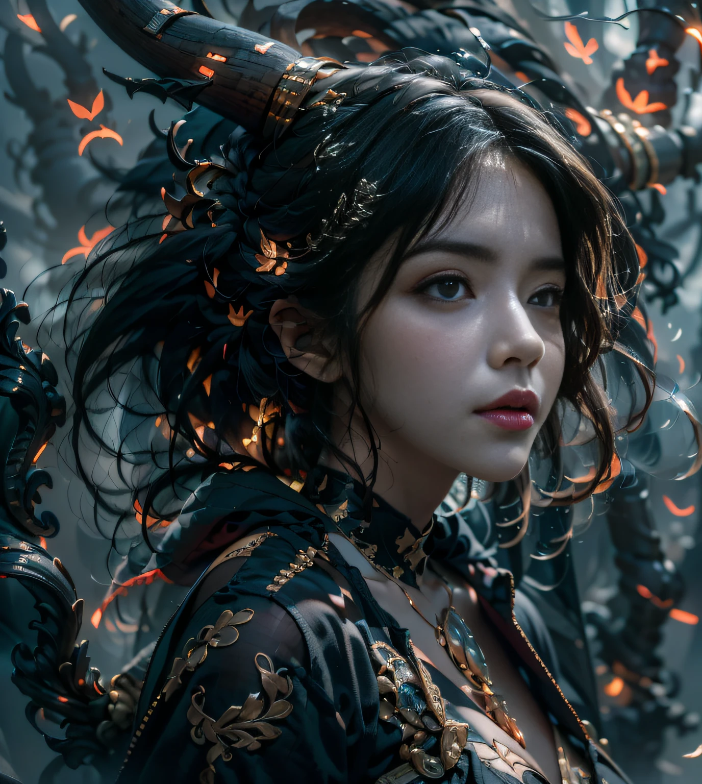 "独奏". cow boy shot, (Gray gloomy background, Dark forest. Gloomy and desperate, Dark dramatic lighting, Vignette), Realistic eyes, beauitful face, 1 girl with a perfect body, a druid, There are large antlers on the head, (The horn is fully visible in the frame:1.5). Long straight hair, Flowers, glowworm, Entangled with branches, (She wears a veil with a hood), ((Perfect anatomy)), Plump, upper torso, Shoot head-to-back, (Glowing eyes), A black magic, gotik, Burn orange gradient, magic, Nature, Magic splash, 3D vector graphics, Fantasy art, Watercolor effect, Bokeh, Hand-drawn, Digital painting, gentle illumination, Isometric style, retro aesthetic, 4K 分辨率, с Cinema 4D, Natural lighting, Cinematic, Masterpiece, Highly detailed, Intricate, Extreme texture, Horror, incrivel, Creepy, The sophistication and serenity of Scarimog. Accentuates the low-poly style, The overall aesthetic should be sleek and stylish, This makes it suitable for branding and logos.