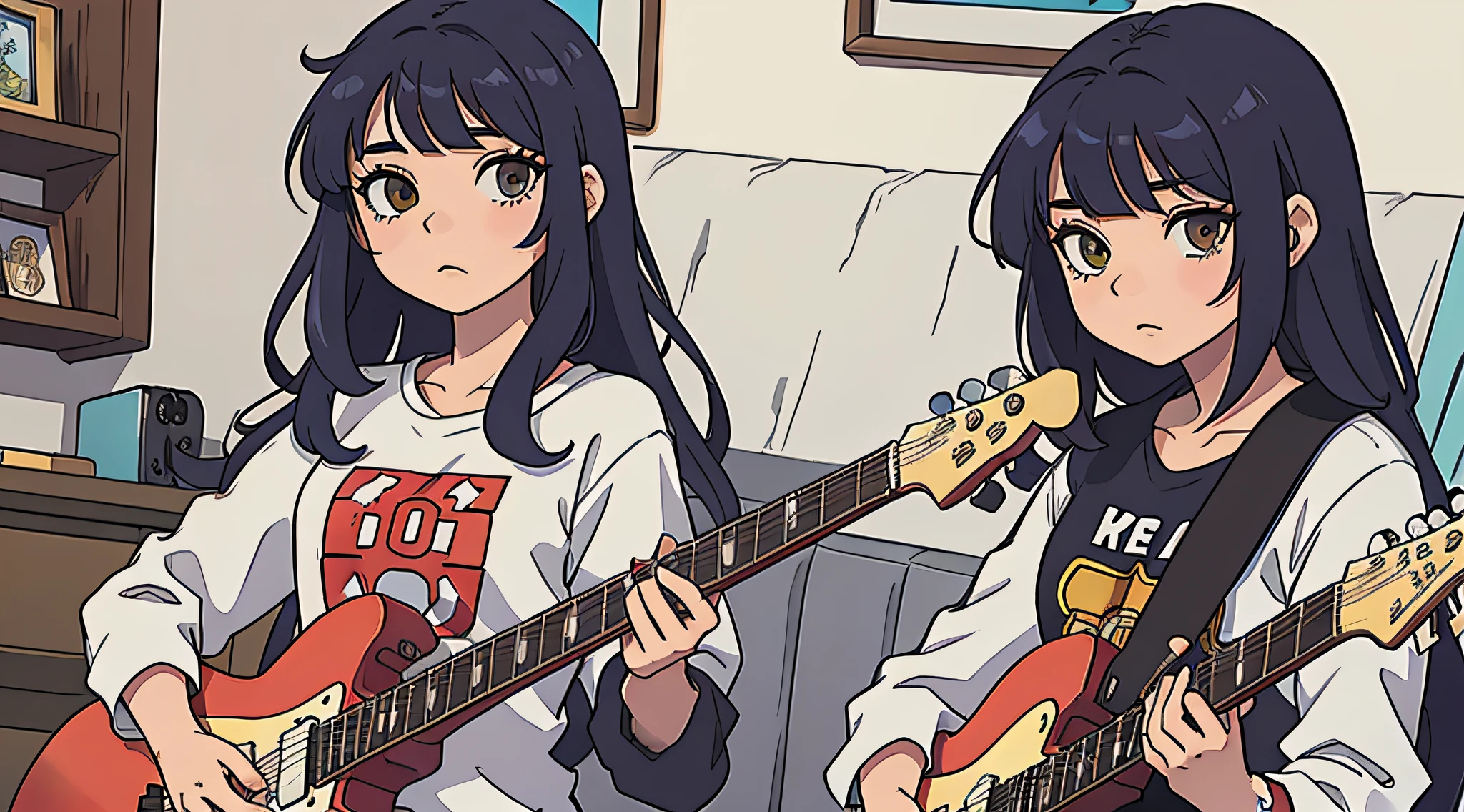 obra prima, menina bonita anime, cabelos vermelhos, roupa de rock, estilo rock, dentro do quarto, deitada na cama, cara triste, guitarra do lado, um gato ao lado