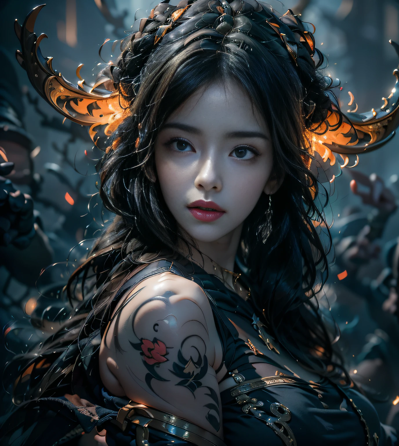 "独奏". cow boy shot, (Gray gloomy background, Dark forest. Gloomy and desperate, Dark dramatic lighting, Vignette), Realistic eyes, beauitful face, 1 girl with a perfect body, a druid, There are large antlers on the head, (The horn is fully visible in the frame:1.5). Long straight hair, Flowers, glowworm, Entangled with branches, (She wears a veil with a hood), ((Perfect anatomy)), Plump, upper torso, Shoot head-to-back, (Glowing eyes), A black magic, gotik, Burn orange gradient, magic, Nature, Magic splash, 3D vector graphics, Fantasy art, Watercolor effect, Bokeh, Hand-drawn, Digital painting, gentle illumination, Isometric style, retro aesthetic, 4K 分辨率, с Cinema 4D, Natural lighting, Cinematic, Masterpiece, Highly detailed, Intricate, Extreme texture, Horror, incrivel, Creepy, The sophistication and serenity of Scarimog. Accentuates the low-poly style, The overall aesthetic should be sleek and stylish, This makes it suitable for branding and logos.