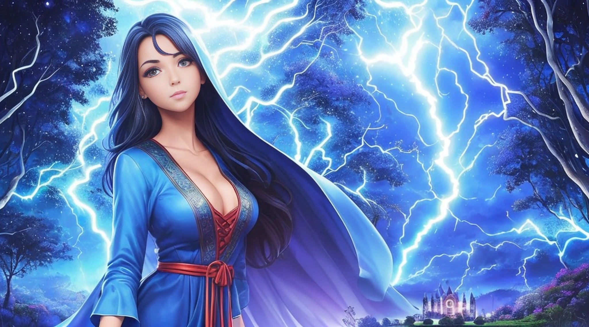 A woman in a blue dress standing in a cherry forest, Artgerm, paisagem realista, Artgerm detalhado, olhos perfeitos, rosto perfeito, Ultra Detalhado, tiro de corpo inteiro, (Skindentation: 1.5), realista, realista, (obra-prima: 1.5), arte conceitual, detalhes intrincados, altamente detalhado, realista, octane rendering, 8K, motor irreal, dinamic pose, melhor qualidade, alta resolução, (rosto realista: 1.1), (hiper-realismo: 1.1) , ((full_body)), olhos perfeitos, (pele brilhante: 1.2), ((penteado))), ((perfect hands))), (fundo muito detalhado), ((dynamic background), ((lightning), (lightning), ((1girl)), Vestindo um manto, (((Manto de fluxo))), ((Olhos detalhados, Olhos de alta qualidade, Rosto de alta qualidade)), vestido azul extremamente complexos, magical robes), casting lightning, eletricidade, spinning flame, radiation, spark, smoke, magia, (dramatic), epic, campo de batalha, profundidade de campo, bokeh, 4k, gotica, cinzas, particules --auto